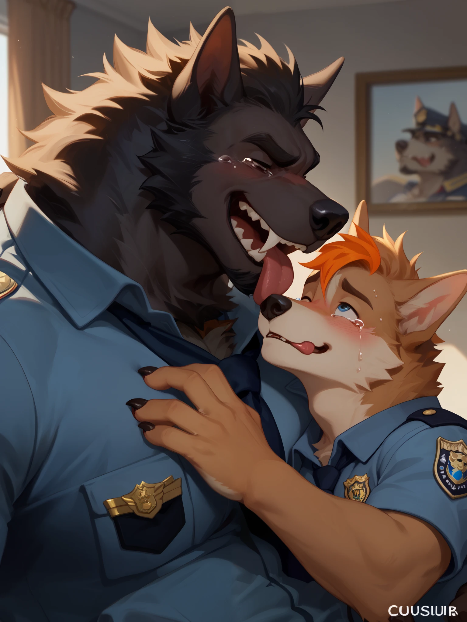 by zackary911, (coffeesoda:1.1), hioshiru, zackary911, police officer taking out a bigger wolf out of their car, duo, giant, large driver, very short and small police officer,