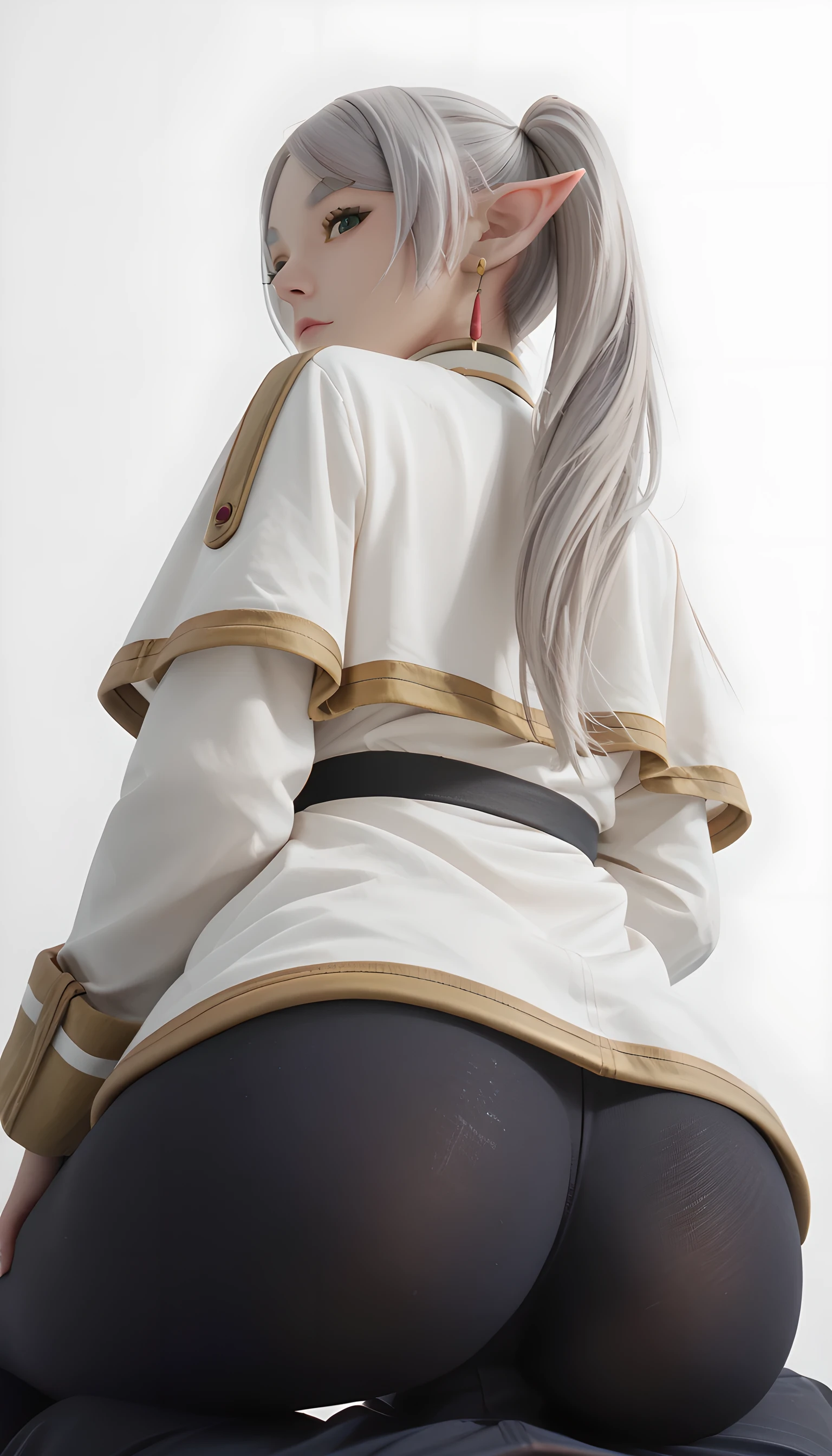frieren, long hair, twintails, (green eyes:1.5), grey hair, pointy ears, elf, shirt, long sleeves, jewelry, earrings, simple white background, black pantyhose, sitting on viewer, perfect ass, pov, from behind, from below
