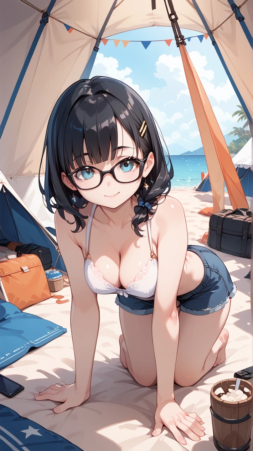 A white shirt with all the buttons fastened、A blue bra is faintly visible through her buttoned up white shirt.、Blue flared skirt、She lifts her skirt to reveal her cute white lace underwear、Spread your legs、A girl with long, shiny black hair and glasses、barefoot、whole body、Sandy beach and blue sky
