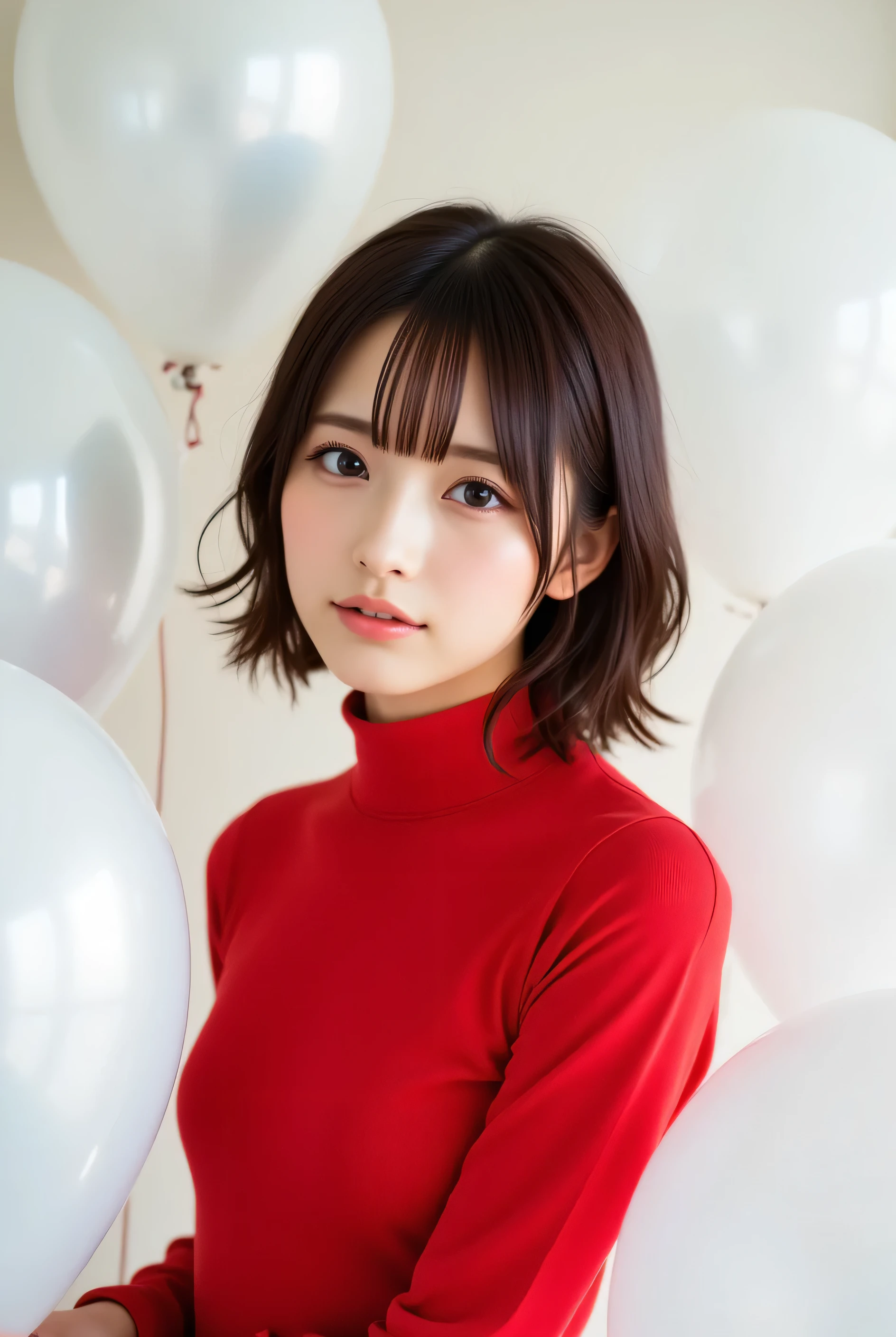 masterpiece of the highest quality, H very detailed background, High Quality ,Standing in the middle of a bunch of white balloons、 fashion portrait photo of a beautiful young woman from the 60s wearing a red turtleneck taken with a Hasselblad medium format camera, Shot on Hasselblad medium format camera 128k Female model , Big Breasts, Eye , ((Random short hair styles)), high definition , upper body, no background, studio lighting, ((8k,超 high definition , (Photographically:1.2),masterpiece, masterpiece, best High Quality 1 beautiful girl, very detailedEye と顔, realistic, extremely detailed CG unified 8K wallpaper , very detailed, high-definition raw color photography , Professional Photography , realistic portrait, Cinematic Light, beautiful details , blanking, embarrassed , (realistic skin:1.2), (最 High Quality :1.4), super detailed, High Quality , (Cute off-the-shoulder race maid latex costume:1.6), frills, race, indoor, (((bokeh))), depth of writing, view from below ,alone,Please Saran Wrap Hide your chest Advertisement for startup games for women. young startup CEO portrait . Violet Background.,crop shirt underboob, bare shoulders,Tight Tops