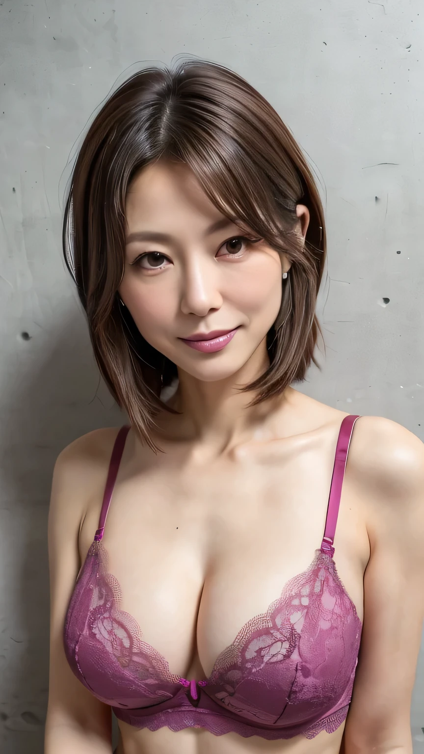 very detailed, Masterpiece , top quality , (( photorealistic:1.4)), (( slender bodies:1.4))、Super skinny 40 year old sexy Japanese Milf , detailed face , beautiful eyes in every detail 、(( natural makeup)) 、(( saggy big :1.3)), ( slim, toned and beautiful body:1.3)、(( light brown hair 、 long disheveled hair :1.3、 asymmetry)), graceful and sophisticated 、goddess、(( from waist to head ))、((Magenta Pink Lace Underwear 1 .2、40 year old sexy Japanese Milf with lots of bra straps :1.3))、((simple concrete wall background:1.3))、(( staring at the camera、 fresh smile))、(( professional cool lighting ))、 standing、 sexy pose、 from side