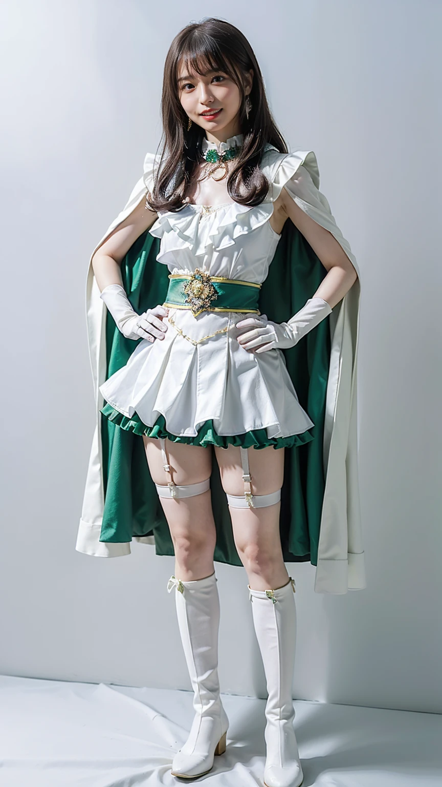 (8K、Raw photography、highest quality、masterpiece:1.2),(black haired、very short hair:1.7),show viewer,Looking at the front,(super sentai series、She is wearing a green PreCure costume..:1.9)、(Clothing that emphasizes the shape of your chest:1.0)、(big breasts :1.0)、slim body shape、ultra high resolution,beautiful,beautiful fece,(alone, alone、no background:1.9),whole bodyボディー,、(black eye、japanese woman: 1.3),(Photoreal:1.37)、photon mapping,reality、(Cute with a : 1.4)、(cute smile: 1.7)、(With a round face: 1.8)、radio city、Physically based rendering、depth of field rally background、photograph, (I can see your knees,close up of thighs、skirt is too short、spread your legs、showing off white panties:1.0),whole body、super fine