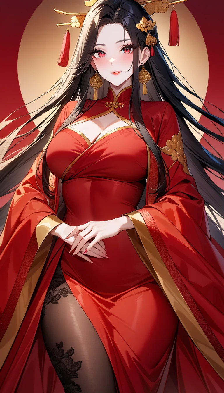 Female with long black straight hair, hairpin, big breasts, cleavage, imperial concubine's clothing, flowery shoes, full body bed, Chinese palace
