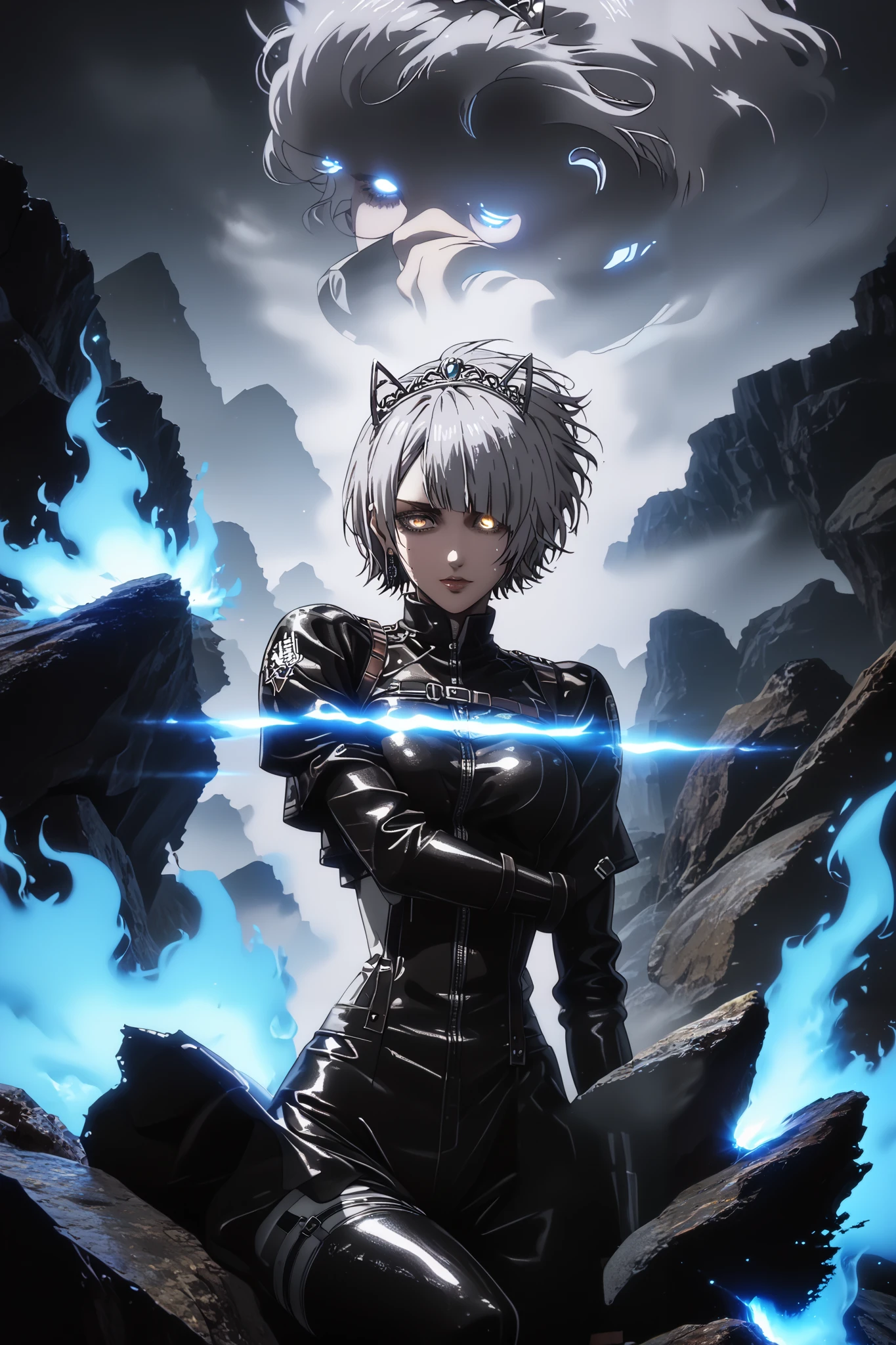 asura style, score_9, score_8_up, score_7_up, score_6_up, uncensored, chartreux westia, ((short hair)), bangs, yellow eyes, grey hair, hair over one eye, tiara, bright pupils, anime coloring, anime screencap, (voluptuous:1.3), (thick:1.3), BREAK UHD, retina, masterpiece, accurate, anatomically correct, textured skin, super detail, high details, high quality, award winning, best quality, highres, 4K, excessive sweating, sweating, sweating drop, (gasping, heavy breathing:1.3), (skindentation:1.2), perfect eyes, beautiful eyes, eyelashes, makeup, detailed body, perfect body, BREAK, (aura:1.4), 1girl, solo, gloves, looking_at_viewer, bodysuit, breasts, smirk, cowboy_shot, jewelry, glowing, earrings, blue fire, Fiery, fog, steaming body, rock, cave,