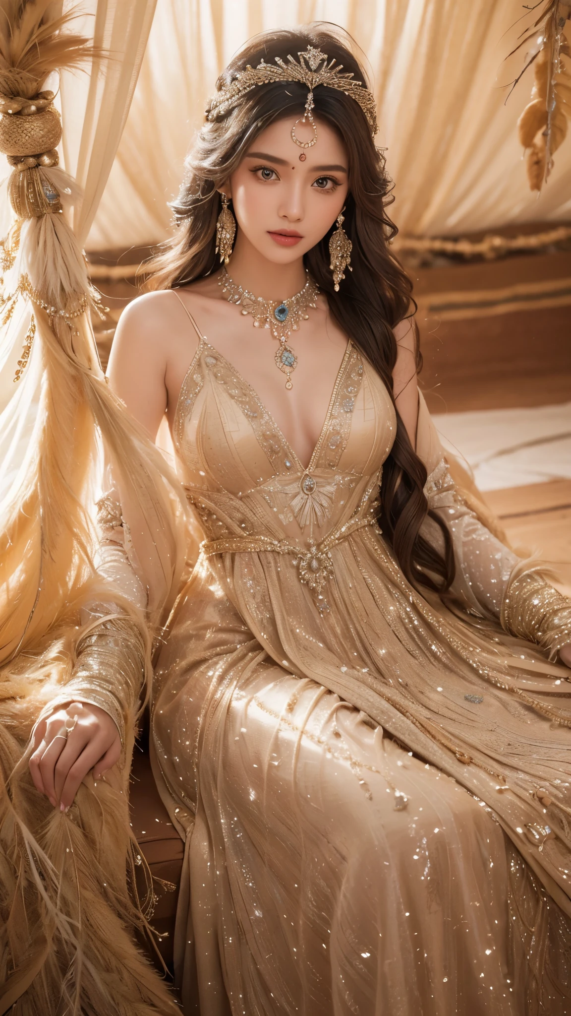 A beautiful girl, full body, queen's dress, crown, intricate armor, floral decoration, spelling, speaking, smile, behind arm, magic, power, d&d, soft edge light, spring, vista castle, beautiful details sky, Adonna Khare, masterpiece, super high resolution, high quality, 4k, (realism: 1.2), photo,