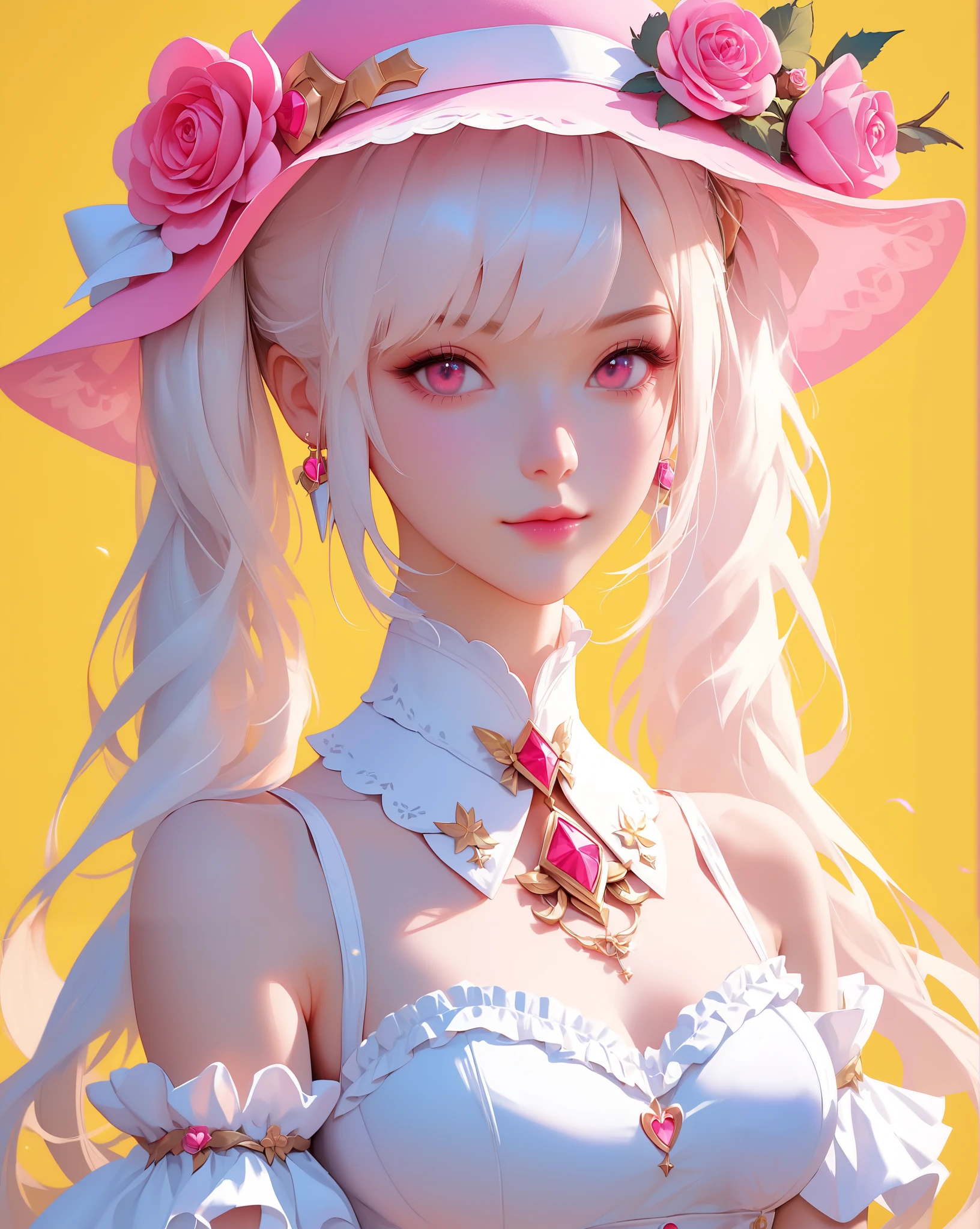 score_9,score_8_up,score_7_up, 1girl, solo, long hair, bangs, pink eyes, white ruffled dress, bow, bare shoulders, gold jewelry, medium breasts, closed mouth, white hair twin-tails, upper body, rose, sidelocks, sleeveless,  yellow background, pink flower on hat,stunning visuals, Best quality, masterpiece, ultra high res 