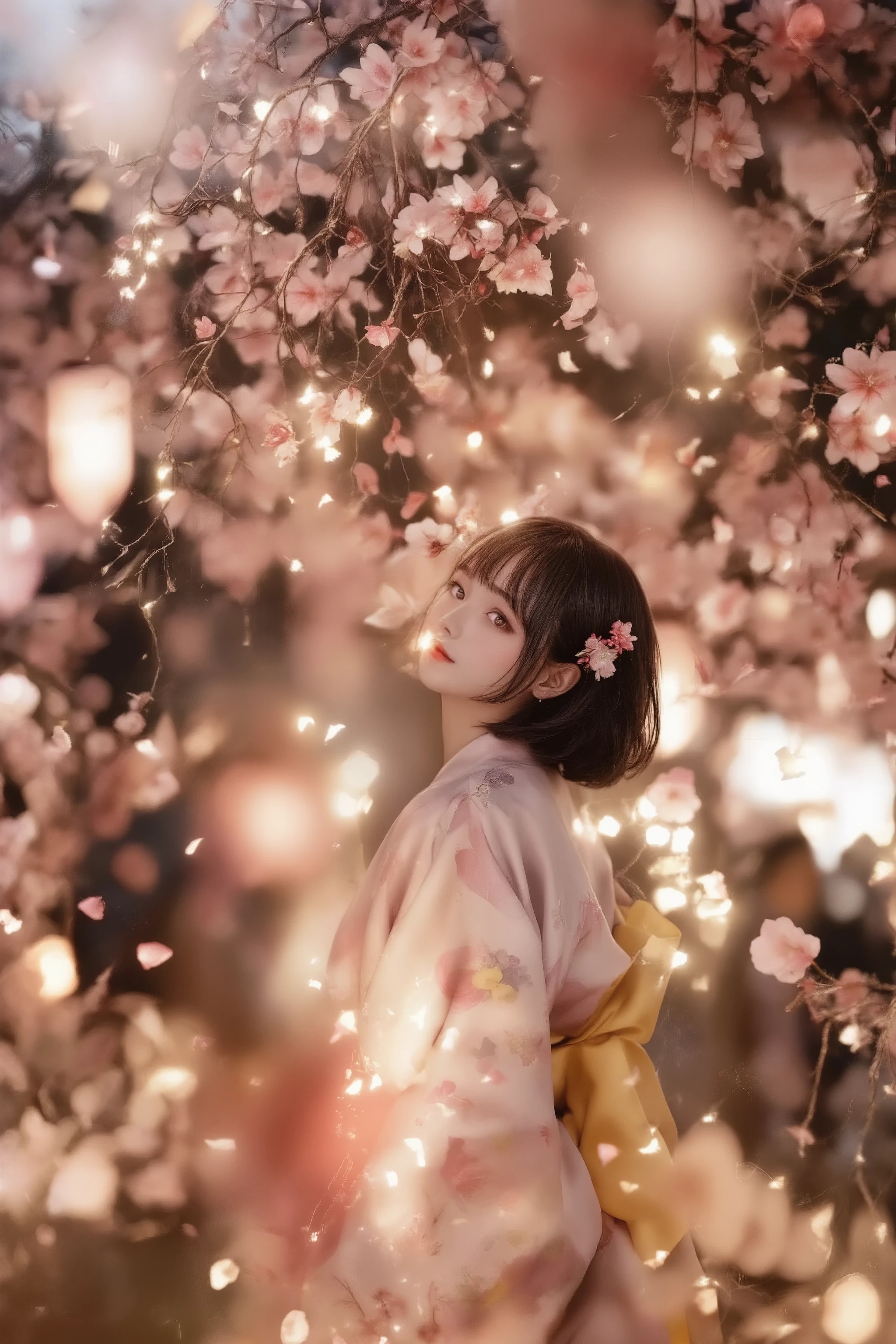 masterpiece, best quality, ultra-detailed, photorealistic depiction, intimate and cinematic composition, a blushing girl in a floral-patterned yukata with intricate embroidery, her shy expression captured with lifelike precision, soft, short dark brown hair styled elegantly with delicate cherry blossom hairpins, leaning gracefully against a cherry blossom tree, her pose tender and reserved, glowing under the warm, golden light of traditional festival lanterns.
The summer festival setting is alive with vibrant energy, featuring bokeh effects of blurred lanterns and glowing crowds in the background, illuminated by a rich blend of warm night lights and cool moonlight filtering through the branches. Her yellow obi sash catches subtle highlights, the fabric shimmering with soft reflections, while the surrounding cherry blossoms appear to glow faintly with ethereal light, as petals gently fall through the air.
Dramatic lighting enhances the contrast between the warm tones of the lanterns and the cool, serene ambiance of the moonlight, creating a harmonious balance. The shadows are soft and dynamic, accentuating the girl's delicate features and the tree's intricate texture. The air is filled with a romantic and nostalgic vibe, emphasized by swirling particle effects of fireflies and faint glowing sparkles, adding a touch of magic to the scene.
The composition exudes elegance and emotion, blending traditional Japanese aesthetics with surreal, dreamlike qualities. The use of glazing and airbrushing techniques enhances the depth and softness of textures, while dynamic lighting and vibrant color grading heighten the dramatic and cinematic atmosphere. The overall ambiance is a perfect harmony of serene beauty and vibrant energy, capturing the essence of a fleeting yet unforgettable summer night.