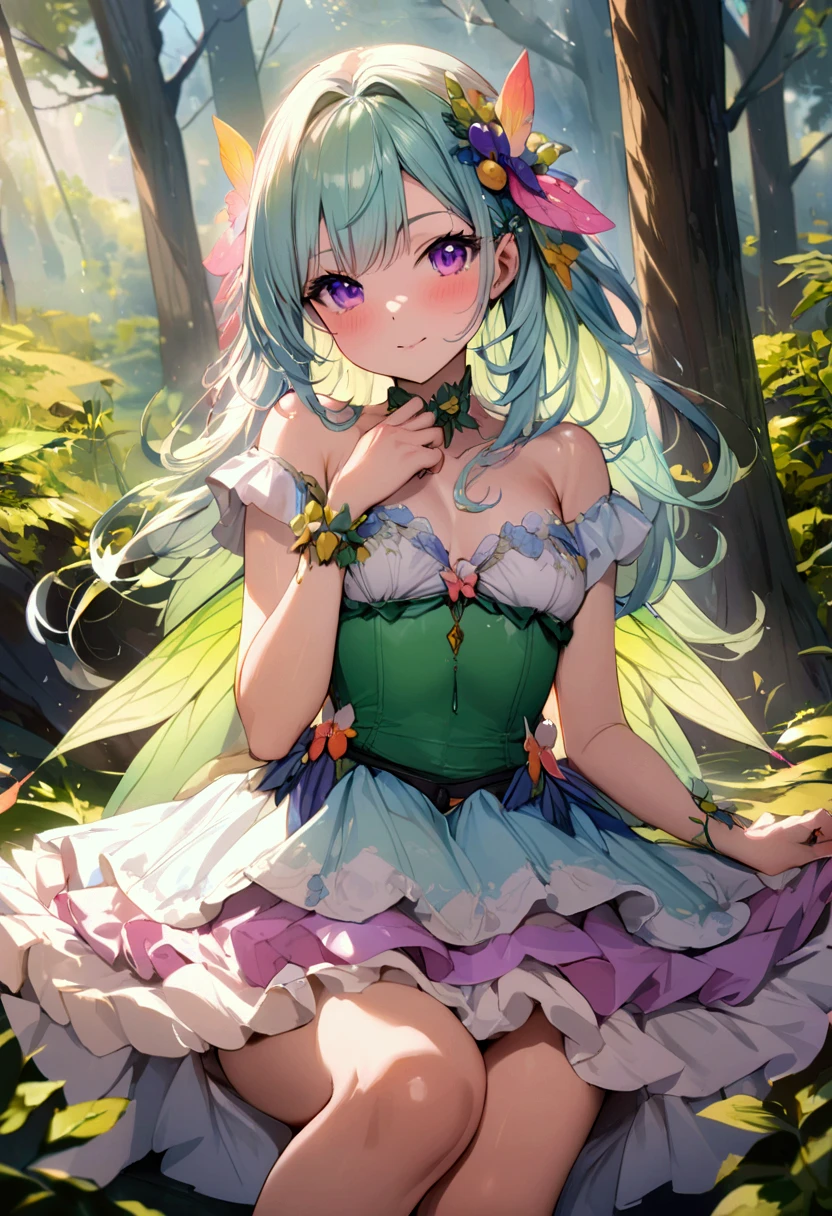 Super detailed,(Highest quality),((masterpiece)),(High resolution),original,very,shock,One girl,Nahida (Genshin Impact),alone,Green Eyes,dress,Pointed Ears,Bloomers,white dress,hair ornaments,flower,Multicolored Hair,Sitting,bangs,Symbol-shaped pupil,View your viewers,Green Hair,Gradient Hair,Side Ponytail,Long Hair,Gray Hair,butterfly,underwear,jewelry,頭flower輪,smile,wood,white Bloomers,Hair between the eyes,White footwear,Cruciform pupil,bug,Mouth closed,bracelet,in wood,Blurred,green Cape,branch,Outdoor,Sitting in wood,No sleeve,Cape,Short sleeve,Side Lock,Depth of written boundary,Green Sleeves,No sleeve dress,nature,Bare shoulders,White socks,