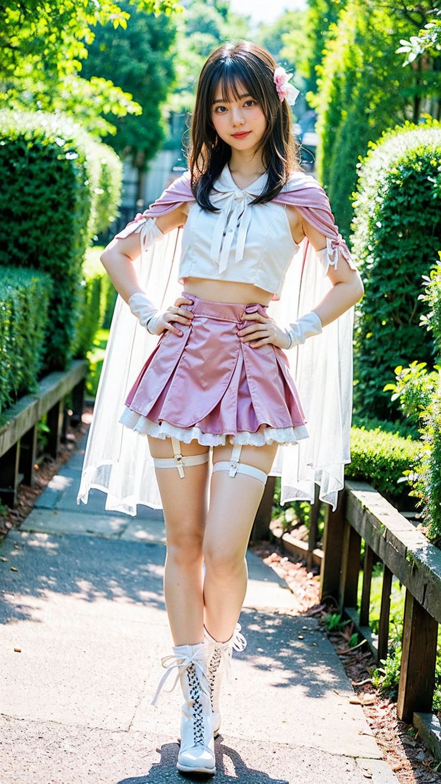 (8K、RAW Photos、Highest quality、masterpiece:1.2)、(Highest quality、Realistic)、1 Girl、((See-through、Belly button、Idol Costume、ribbon、mini skirt、tights、Medium Hair、garter belt、smile、Pink and black、Thin legs、whole body、boots、garden、View from the front、Looking into the camera、Stand with hands on hips))、cute
