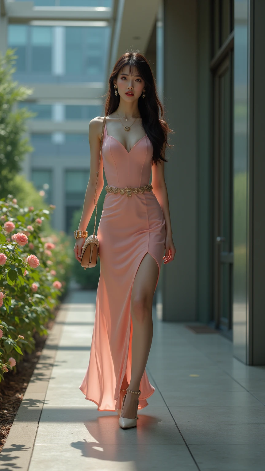 Female supermodel. Singapore Chinese. Walking. Sentosa Siloso Beach. Pink evening dress. Close-up.
