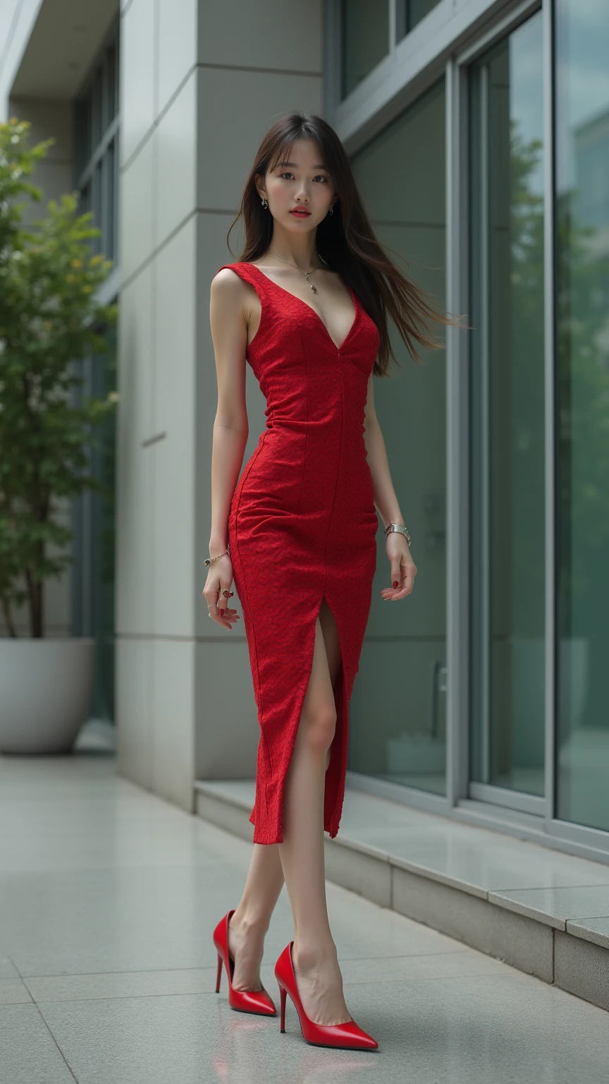 highest quality, Realistic, Very detailed, finely, High resolution, 8k wallpaper, Beautiful woman,, Light brown ponytail hair, Wearing a red dress, Perfect dynamic composition, finelyて美しい目, Realistic , smile, Model Body Type、Beautiful feet,City of night、talk、Chatting,Full Body Shot,Smile and laugh,