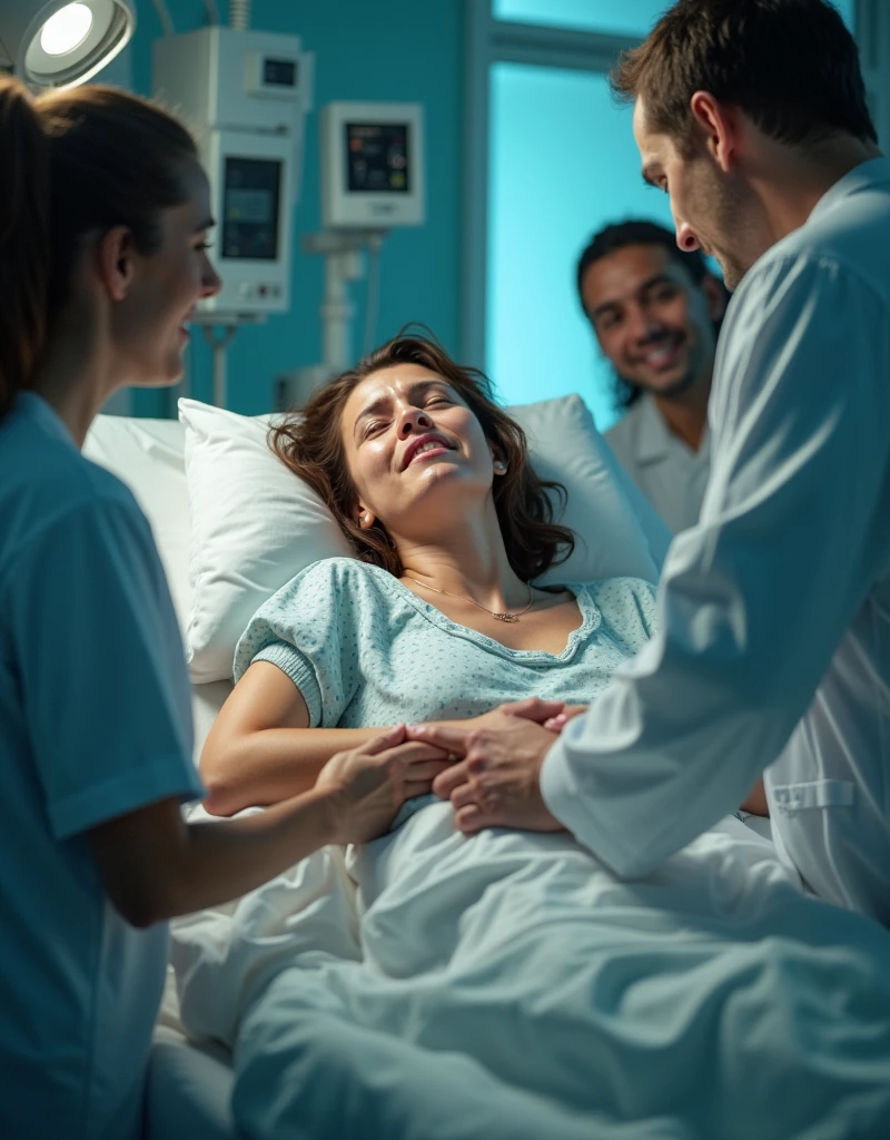 Create a photo of a woman lying on a hospital gurney looking at her family as they cry a lot holding her hand, add a man coming out of the shadows of the hospital room
