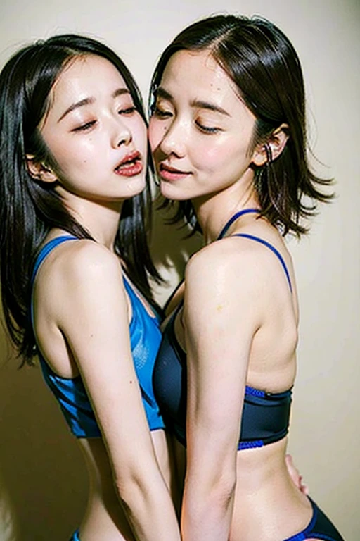 Two girls doing athletics、eye contact,lily、kiss, Vulgarity、Drenched in sweat、Large Breasts、good,Navy Blue Bloomer、A tight little ass, Deal Ratio Body Proportion, indoor,Front light