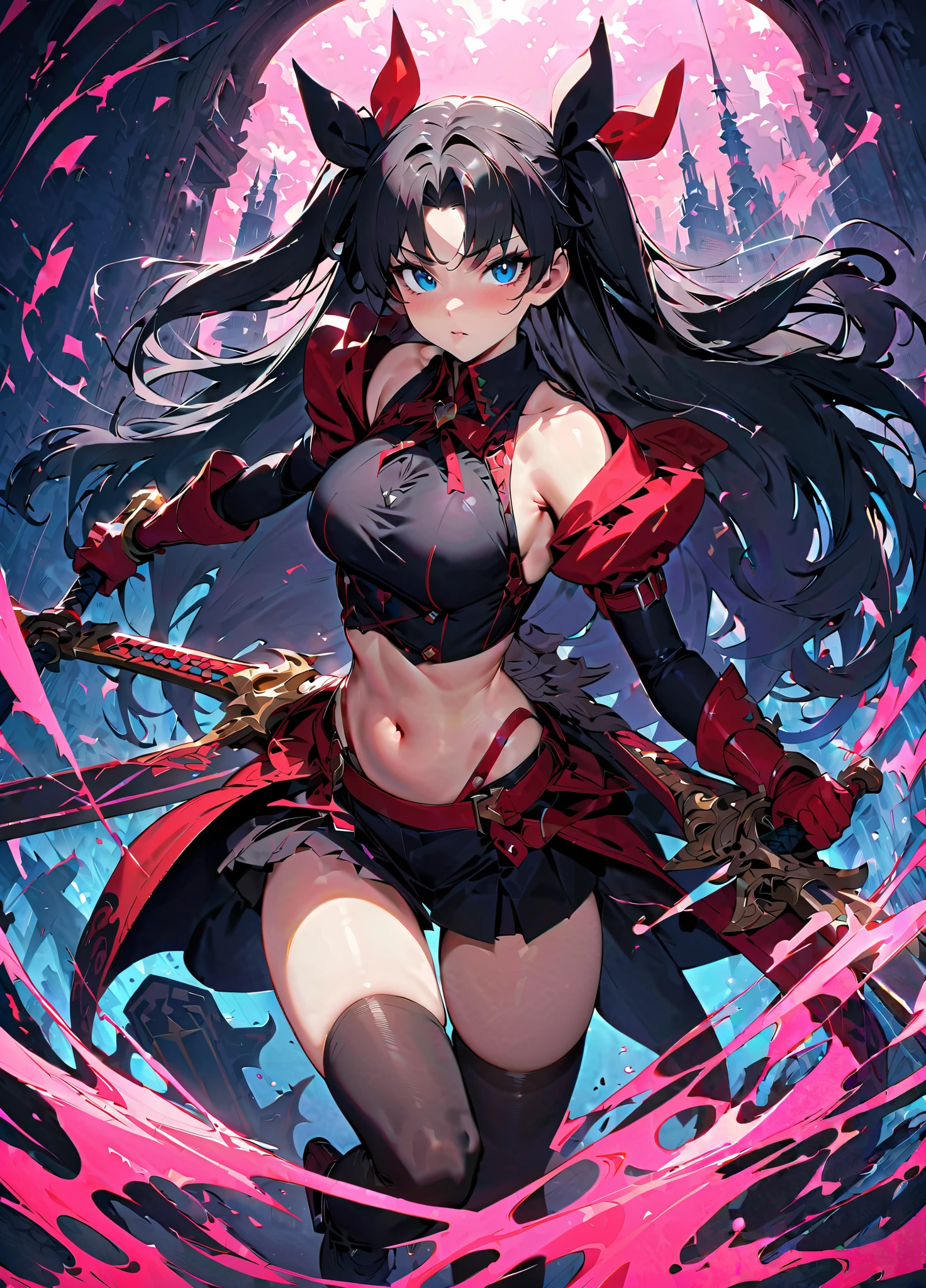 high quality，4k HD，detailed，high-resolution，black cloak，Long dark blue-purple hair，tube top，bare navel，bright purple eyes，Royal sister，Holding a red knife，hot pants，short shorts，high-heel boots，Standing on the cliff of Huangquan，Surrounded by bloody flowers from the other side，eyes cold，Thunder and lightning surround，The environment is gloomy，The light and shadow are delicate，Overall dark tone，The environment is dark，There are two red horns on the head that stick out forward.，With red shoulder armor，Red gauntlets，Red armor on the knees，Armor has sharp edges and corners，The expression is grim，