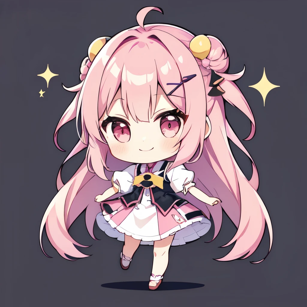 chibi, hair, she's wearing cute clothes, full body, smile, simple background,dancing
1 girl ,Alone, pink eyes, happy,Pink hair, long hair, 前hair, hair_ Ornament , is puffy_ sleeve, shirt, short_ sleeve,巻きhair,Belligerent