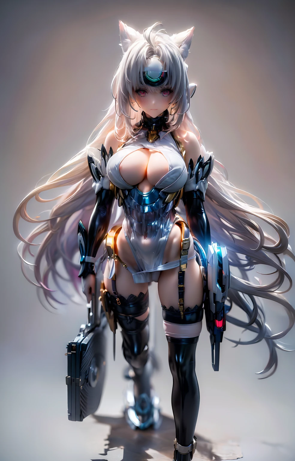 (masterpiece、top-quality、top-quality、offcial art、Exquisite and beautiful:1.2)、(1 girl in)、The is very detailed、(s fractal art:1.3)、Colorful、highest details, Dragon Tails, Silver DRAGON head and ears, Devil cat eye, A fox inspired by a Japanese deity, Fantasy Fairy Transparent, Carefully embellished with gold, Fantasy Japan Background, gently smiling, the super hot and sexy, Large breasts, anatomically co, slender wrists and broad hips, soft expression, A smile, sliver long hair, swell sea, facing the front there, The hair is falling apart

, put her hands up over head, slender hand, slender leg, sleep in bed, bird eyes view, sexy,((Portrait))

Cybernetic arm and glowing cyber girl,(Sheer and revealing costumes:1.3, )Stand on a post-apocalyptic battlefield cityscape, Sexy, Surrounded by a network of wires. Surrounded by a web of circuits. (Cyber Girl with light white Glowing Sword:1.5), Full Body with Dragon Tails.