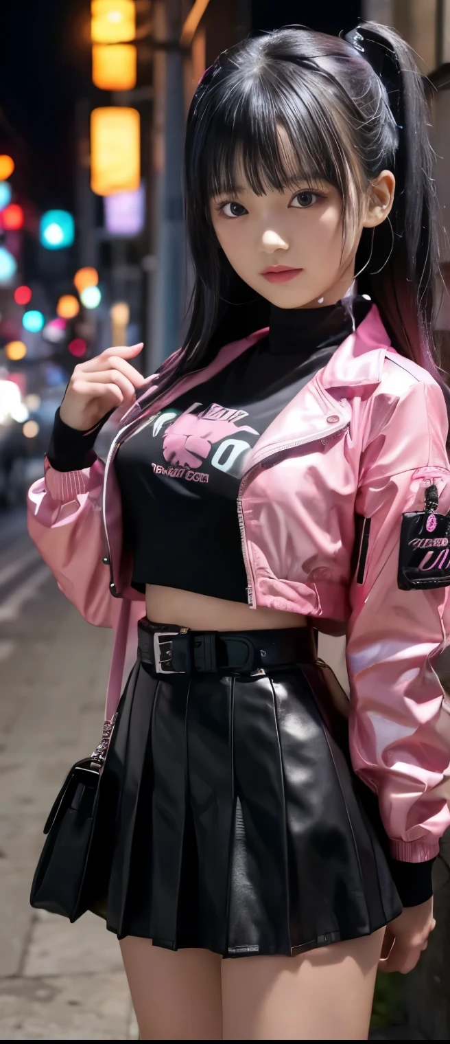 Cool Idol Girl (black pink hair )、A pure girl's face、 hypo、Fluorescent pink jacket、 tight mini skirt、Skeleton Belt、 fishnet、Candy Town glowing