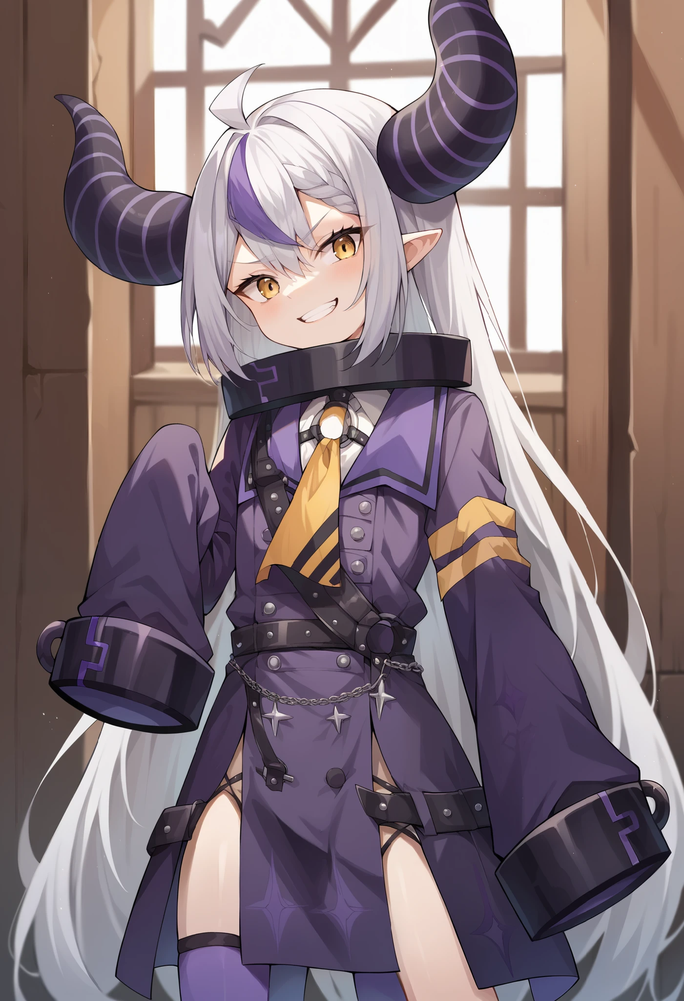 score_9, score_8_ up the side, score_7_ up the side, source_Anime, Masterpiece, 1 girl, CT_L4 plus , flat chest, metal collars in prison, purple coat , yellow ascot , Sleeves go past fingertips, single thigh high , Purple Thigh High Indoor, watches viewers, smile, Skin teeth , , wooden floor , hand up the side, standing, cowboy shot, portrait ,