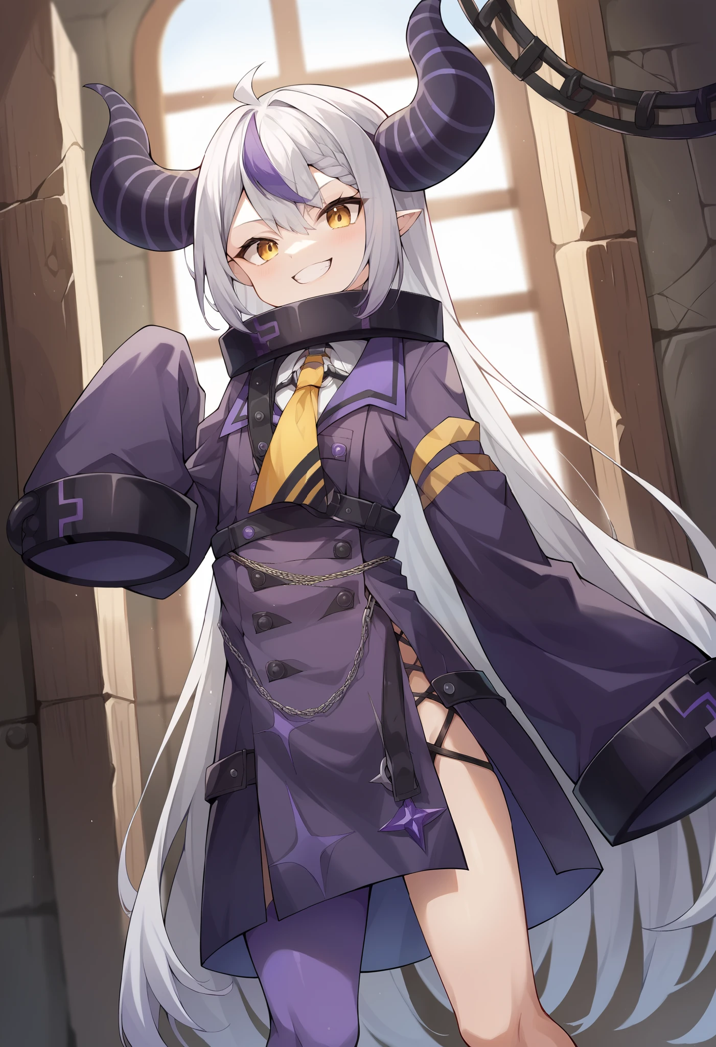 score_9, score_8_ up the side, score_7_ up the side, source_Anime, Masterpiece, 1 girl, CT_L4 plus , flat chest, metal collars in prison, purple coat , yellow ascot , Sleeves go past fingertips, single thigh high , Purple Thigh High Indoor, watches viewers, smile, Skin teeth , , wooden floor , hand up the side, standing, cowboy shot, portrait ,