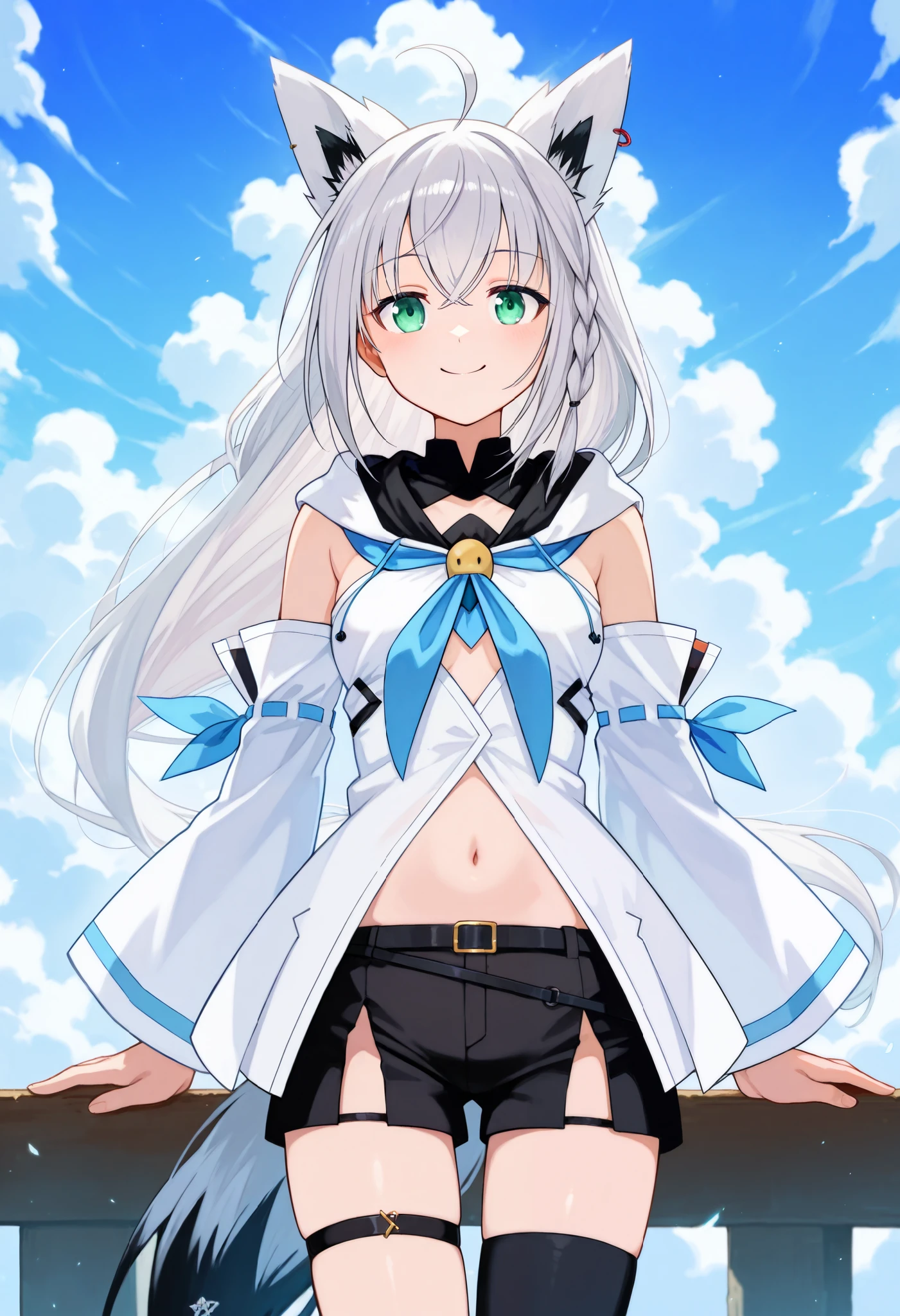 score_9, score_6_ up the side, source_ ANIME BREAK 1 GIRL, Alone, cowboy shot, ãã©ã¹ , null, cloud, Fubuki_ based, white blouse, Detached Sleeve, make black shorts , blue neckerchief, thigh strap , single thigh high , Gray Hair, One side braid , stupid hair, piercing above spo, foxtail , fox shadow p up the sidepet, puts her hand on her lower back, smile