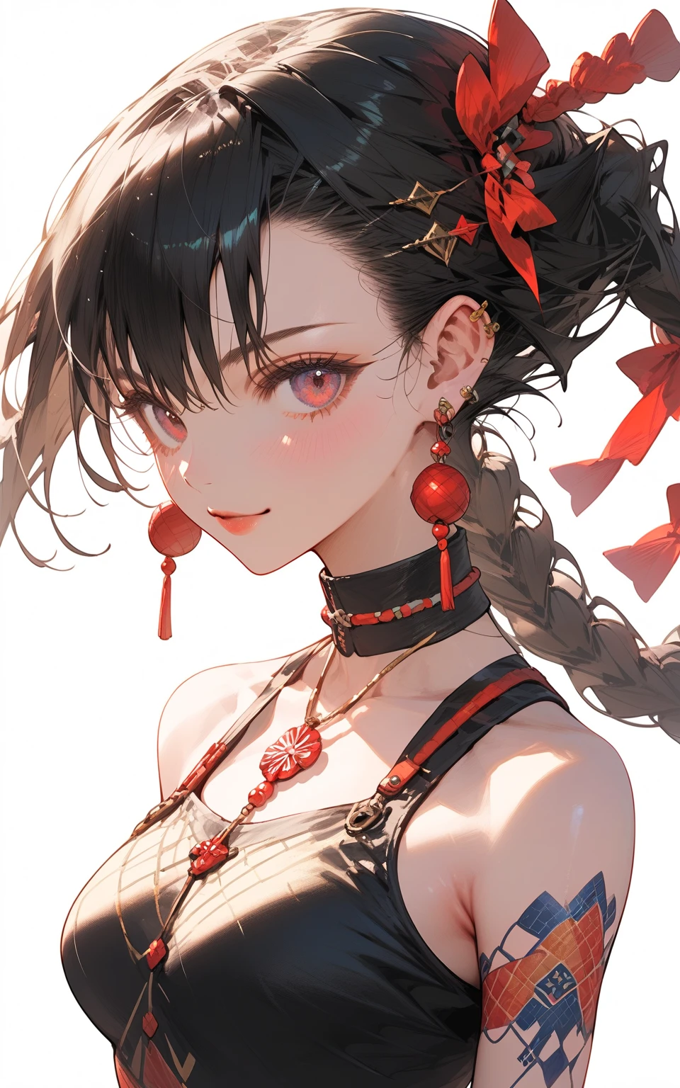 Seven Rhaeyar (Deylta), Ancient Star goddess, Perfect female anatomy (Royalty, Adult Female, 166cm in height, Cool pale skin, slim, slender, 34D breast size, Long Jet Black Hair, Gray Colored Iris , a set of Jet black colored horns on her head), Neutral facial expression, Elegant black uniform dress, female choker accessory with silver complimentary jewelry, dragon motifs, Black rope accessories, Simple Black Background, receiving light from the front, Slightly focusing on her face up close, Ethereal glow, Red Rose petals falling, Japanese inspired