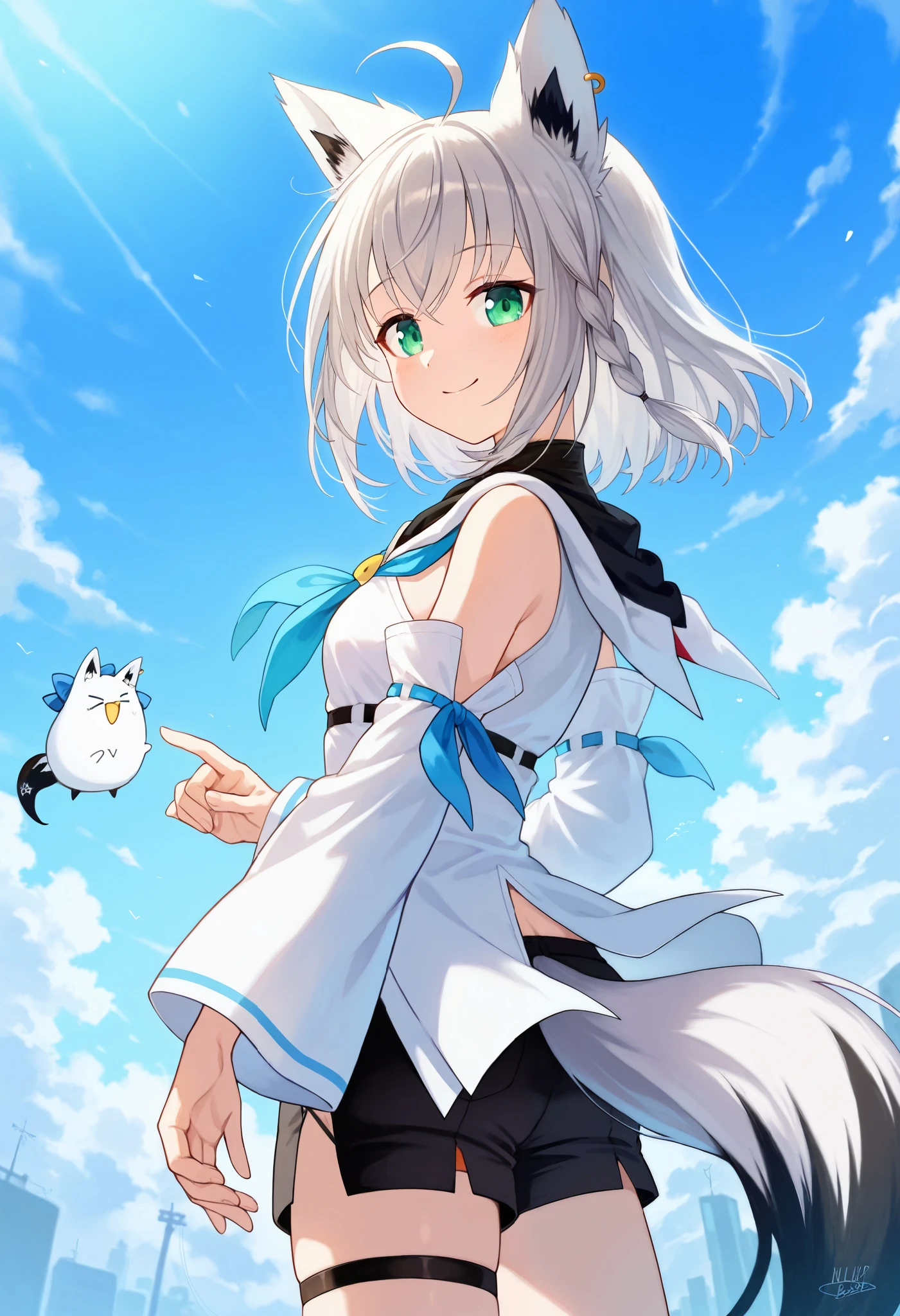 score_9, score_6_ up the side, source_ ANIME BREAK 1 GIRL, Alone, cowboy shot, ãã©ã¹ , null, cloud, Fubuki_ based, white blouse, Detached Sleeve, make black shorts , blue neckerchief, thigh strap , single thigh high , Gray Hair, One side braid , stupid hair, piercing above spo, foxtail , fox shadow p up the sidepet, puts her hand on her lower back, smile