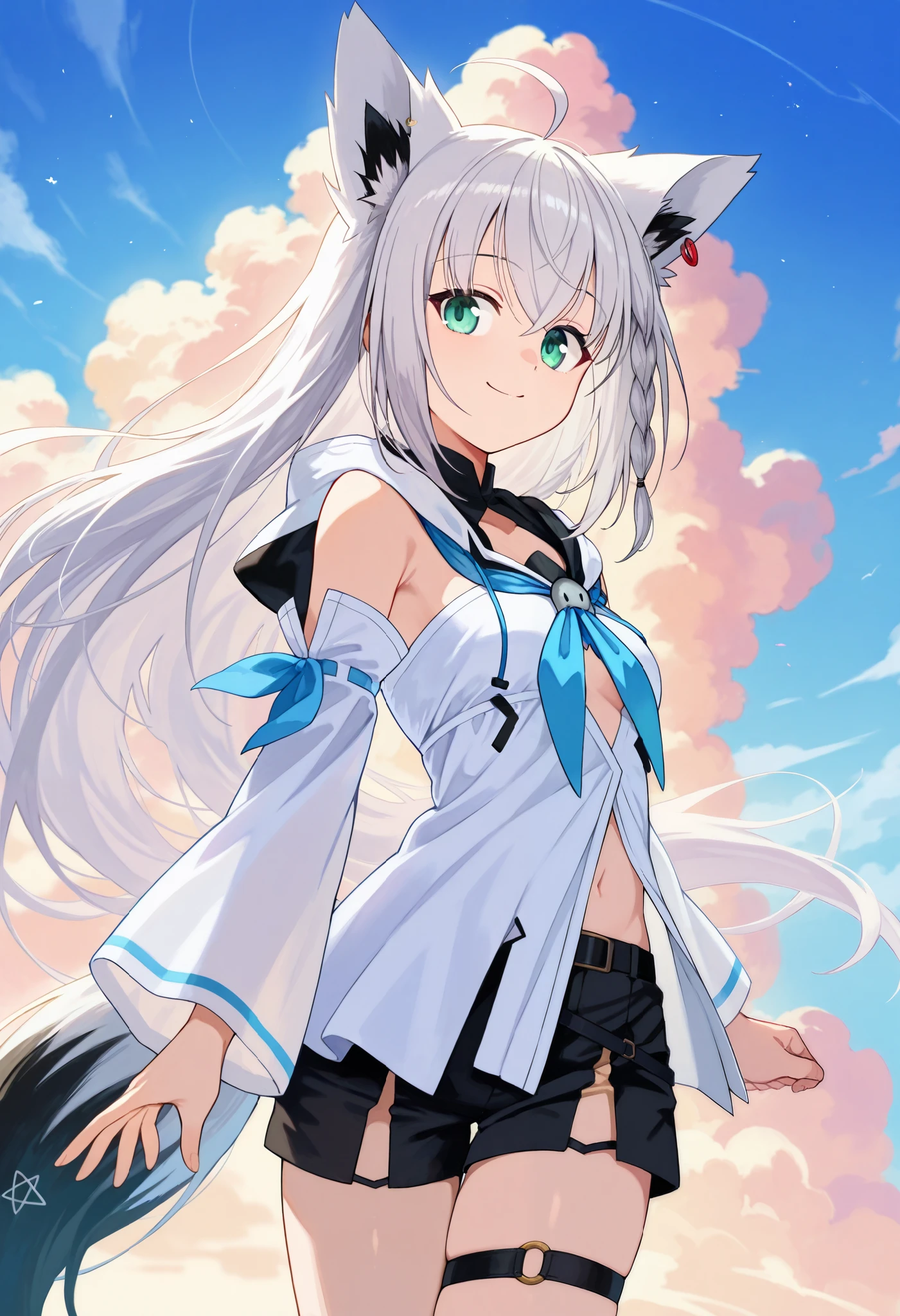 score_9, score_6_ up the side, source_ ANIME BREAK 1 GIRL, Alone, cowboy shot, ãã©ã¹ , null, cloud, Fubuki_ based, white blouse, Detached Sleeve, make black shorts , blue neckerchief, thigh strap , single thigh high , Gray Hair, One side braid , stupid hair, piercing above spo, foxtail , fox shadow p up the sidepet, puts her hand on her lower back, smile