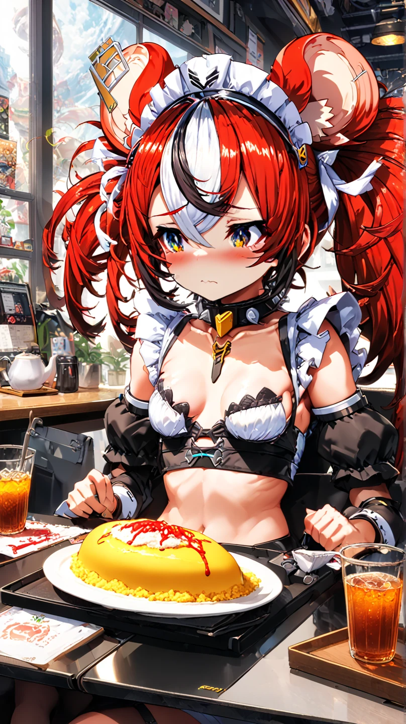 One young and beautiful woman,(Highest quality,Extremely detailed depiction,Incredibly absurd high resolution,Anatomically accurate depiction,Nice hands,Perfect Fingers,Curvy Legs),(Glowing Skin,Glossのある肌),(Sexy Idol),(Idol Costumes,Cute hairstyle,tights,Choker of Hearts,boots,Gloss),eyelash,(Pink Eyes,There is cleavage in the chest,Glossのある口紅,Mouth open),Eating a donut with relish,whole body,background:Inside the cafe