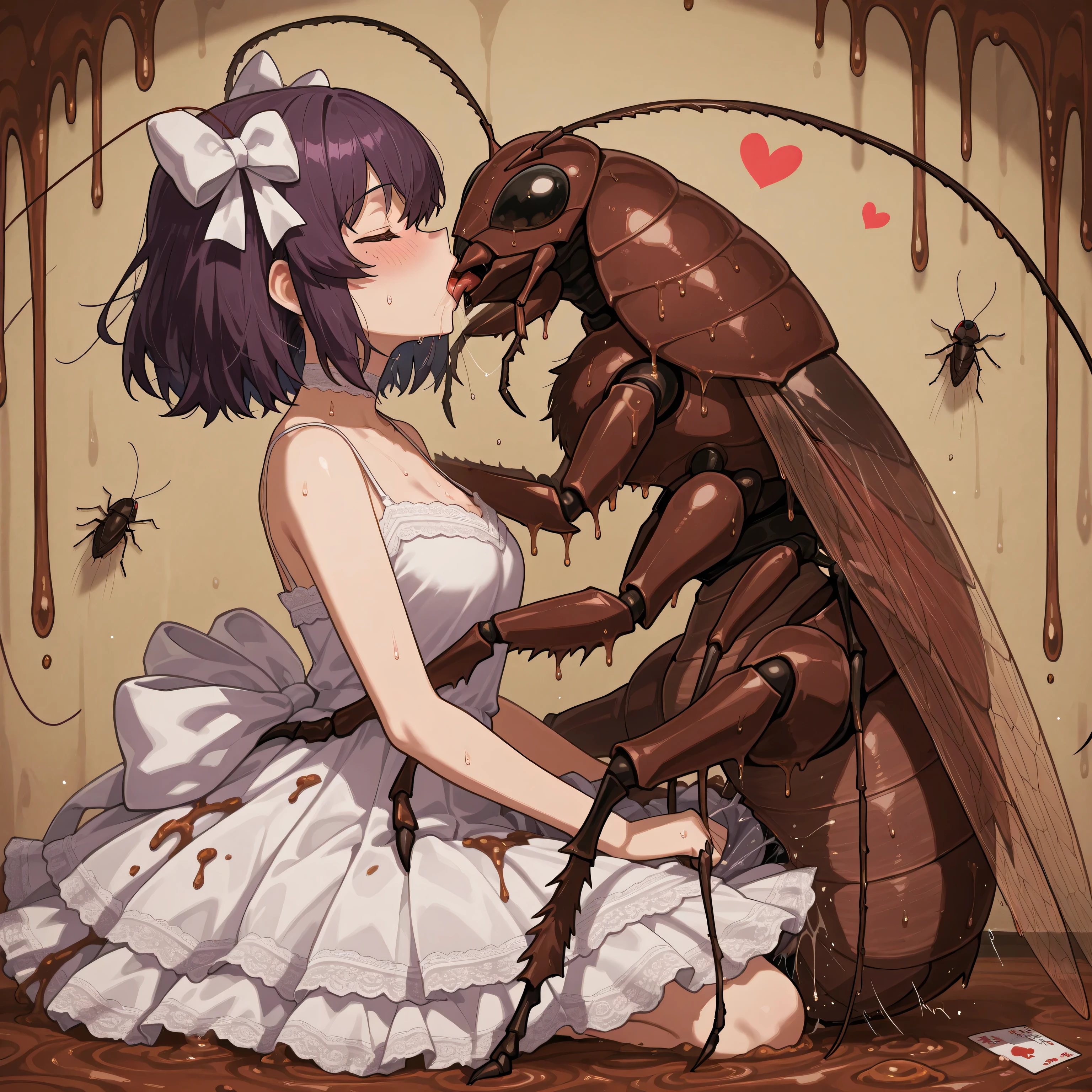 1girl , sex, hetero, anime girl sitting on a cockpoach with a camera, cockroach lady, insect trainer girl, cockroach, cockroach character, by Kanō Naizen , clean detailed anime art, Ecchi, top rated on pixiv, at pixiv, kantai collection style, pixiv 3dcg, pixiv, ecchi anime style, insect midnight... that is, 、 makes her nauseous 、 A very dangerous bug EX 。 the background is drawn in detail in a dirty mealworm sludge {x} too dirty Sleeveless full lace buggy halter neck cheerleader and cockroach hug。 deep kiss scene。The Aibushi woman is wearing a big nightgown 、 a large dirty cockroach on top 。 very beautiful and kind anime 「Aibushi 」。 charming white cheer racing nightgown 、 the cockroach is lying face down on its stomach 。 an adult kiss scene of a giant cockroach with ugly and dark attributes 、brown。 they are facing each other up and down and hugging 、 that bug completely adheres to her from above 。 the cockroach is lying face down on it 。 she lies on her back 、 the cockroach lies on top 。 that bug completely adheres to her} High quality Animated illustration 。 transformational aberrant behavior 。 A masterpiece with an overall appealing decadent vibe 。 she's covered in brown which is very dirty overall。 kissing each other 。 they are in close contact with each other 、Intense desire。 preparedness, anticipation, and abnormal behavior 。valley。