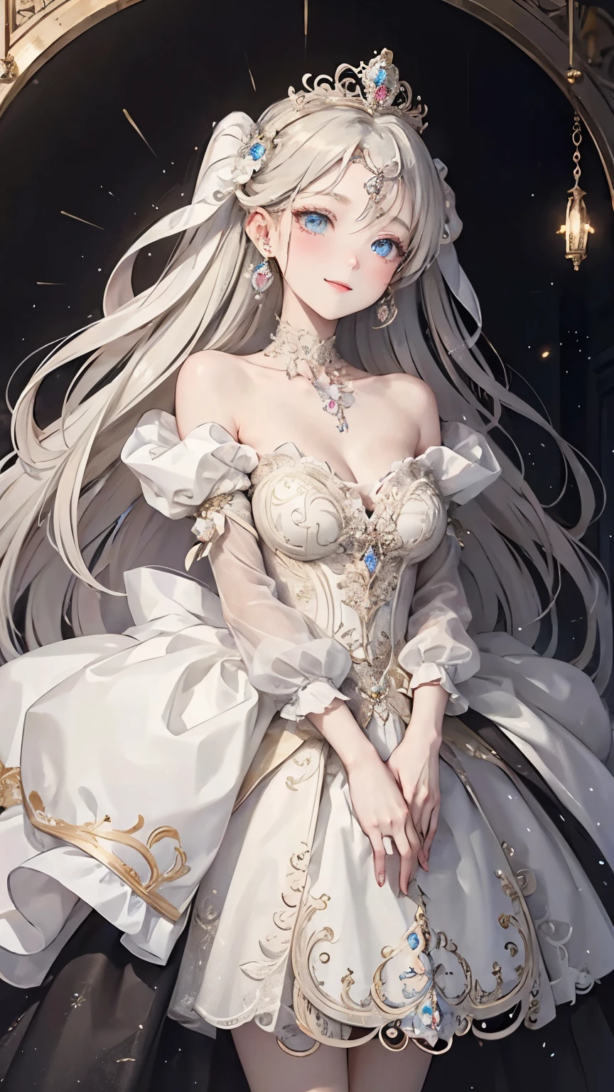 Long white hair , grey eyes, fair skin,elegant dress,detailed hair, detailed eyes,detailed body, best quality, high resolution, 8k
