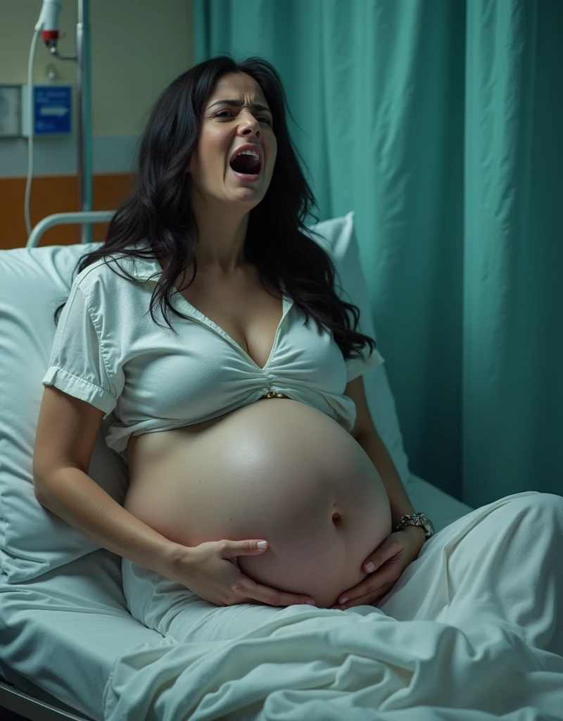 Beautiful young woman, Maximum, Pregnant肚子大, Large pregnant women, Pregnant woman's belly is the biggest, Long black hair,Wearing gray clothes, Pregnant,Super big belly. Express; In pain, Crying in pain, Push the child out. Legs open, place; on the bed, Solitary, Her water broke. Soaked,Sweat sticks hair to face