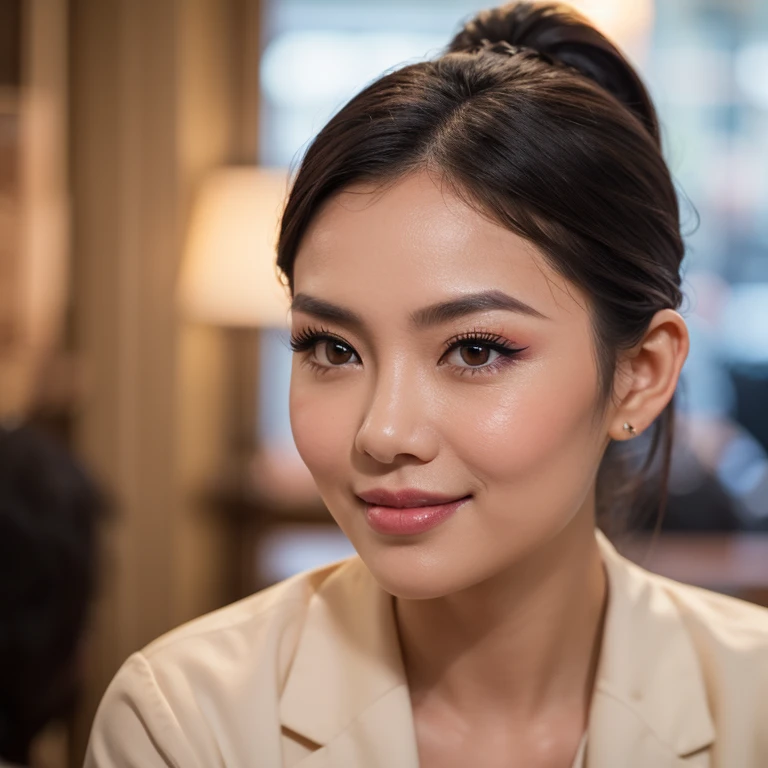 A 30-year-old Thai woman with a strong jawline and slightly rounded face, wearing her hair tied back into a neat ponytail. Her skin is smooth, with natural features like dark brown eyes and defined eyebrows. She has a warm, genuine smile that reflects both exhaustion and pride from her hard work. Her makeup is subtle, with light foundation, a touch of blush, and natural eye makeup that highlights her strong features. The appearance of a few sweat droplets or smudges from work on her face adds a realistic touch, but her overall look remains elegant and confident. Her expressions remain calm and determined, showcasing resilience and a passion for her work.