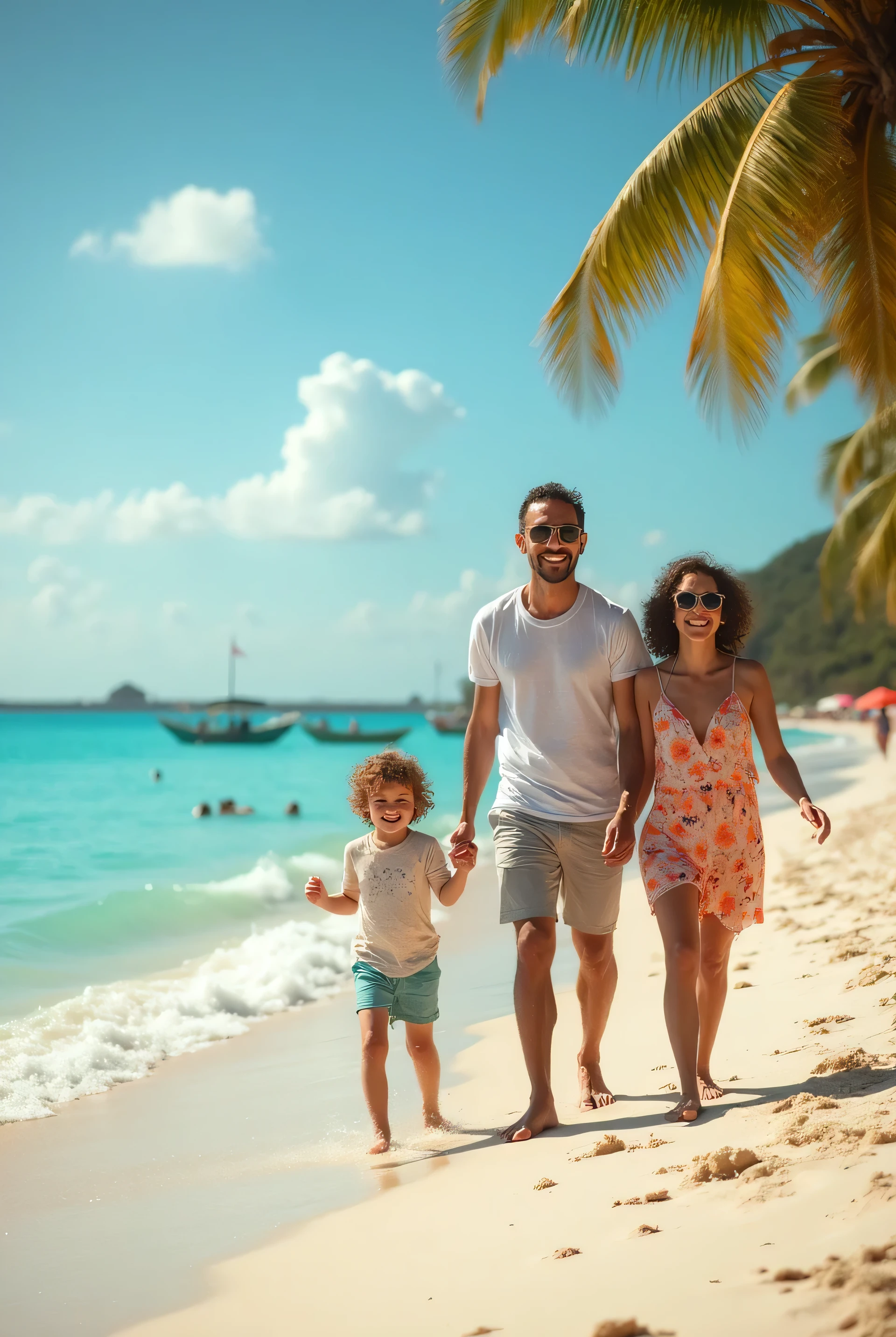 Crée moi une photo d’une famille composée d’une mère et deux fils adolescents torse nue jouer sur la plage, les enfants sur cette photo sont en surpoids et autour d’eux pleins d’autre enfants