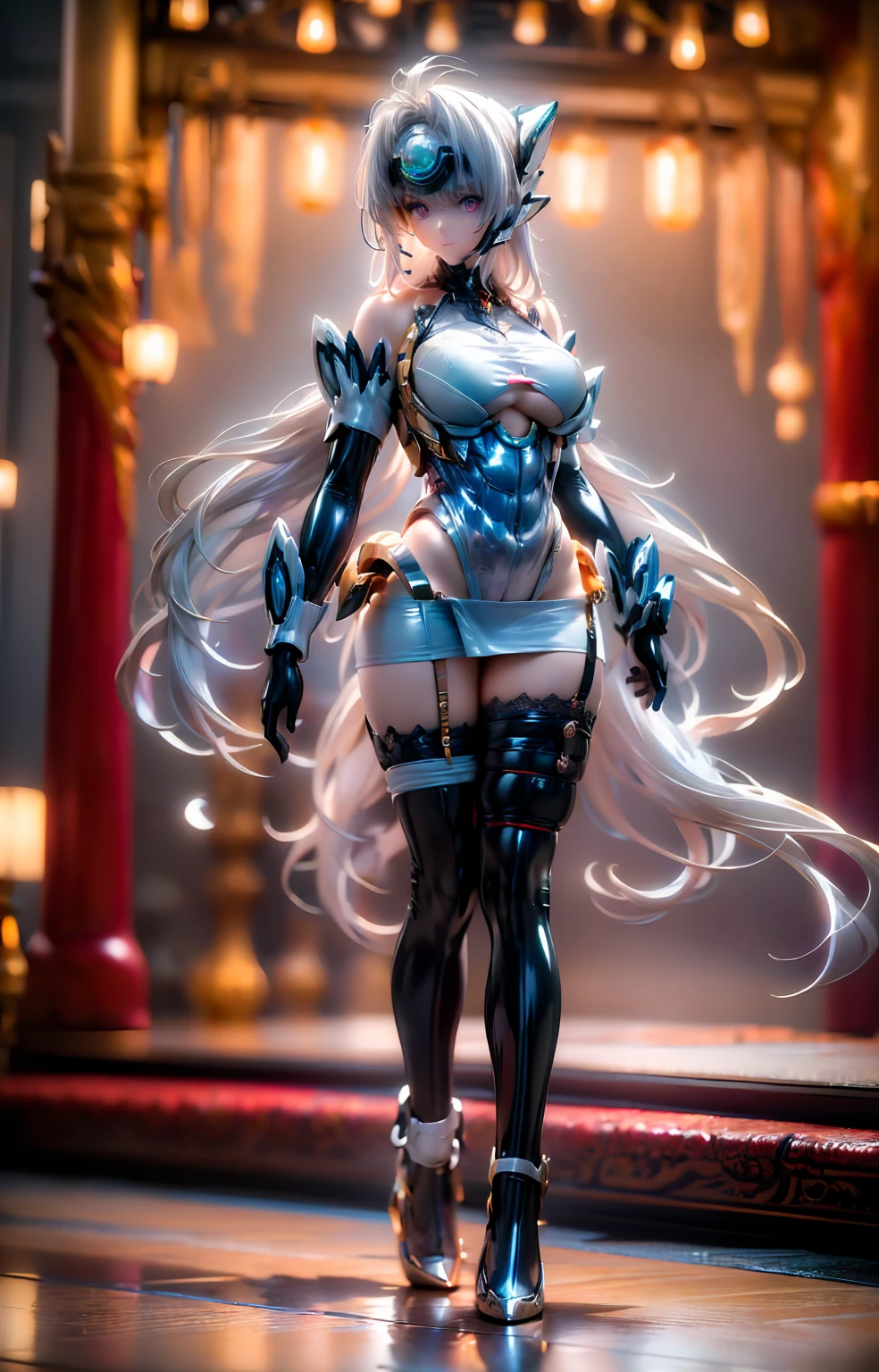 ((1 demoness))), ((blue eyes)), ((long silver hair)), large breasts, curvy hips, perfectly drawn body, seductive, white lingerie, adorned with blue roses, best quality, masterpiece, ultra-detailed