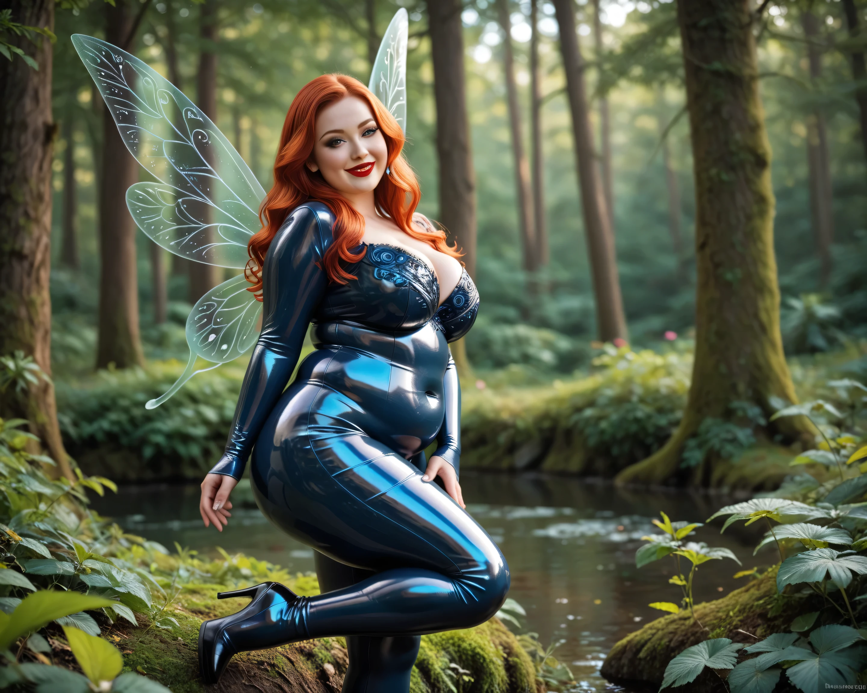 Forest. Fairy tale. Little fairy not higher than 15 cm. Fairy with wings. Beautiful. Nice. Wonderful. Dream. Latex bodysuit in a lot of metalic colours. Chubby Fairy. BBW. Red lips. Smiling. The fairy is flying through the forrest.