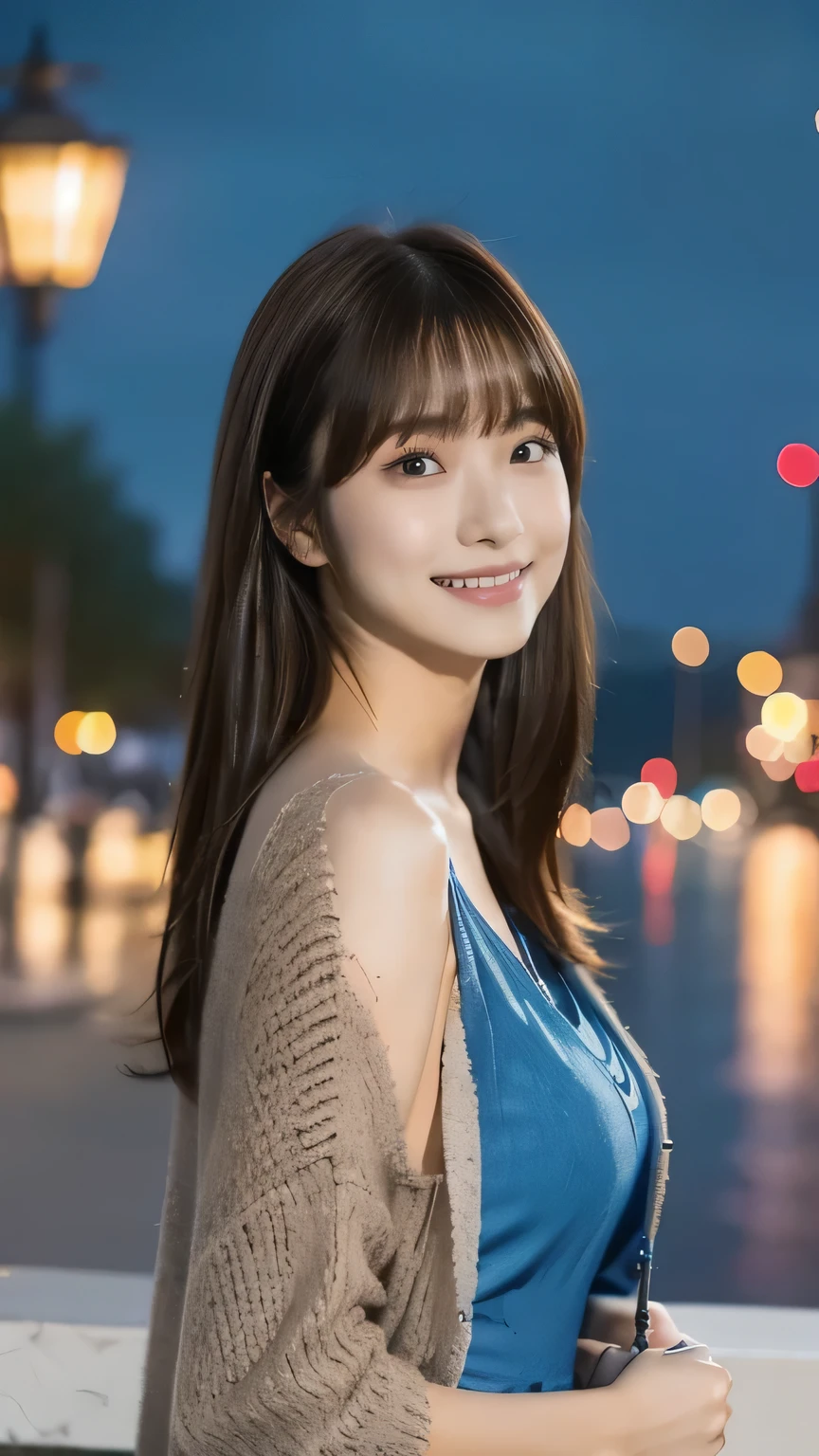 1 girl, solo, blue dress,cardigan long hair, bangs, ((highlight brown hair)),
chest, smiles, Aperture F2.8, 8k octane , 3D rendering , night view, Disney