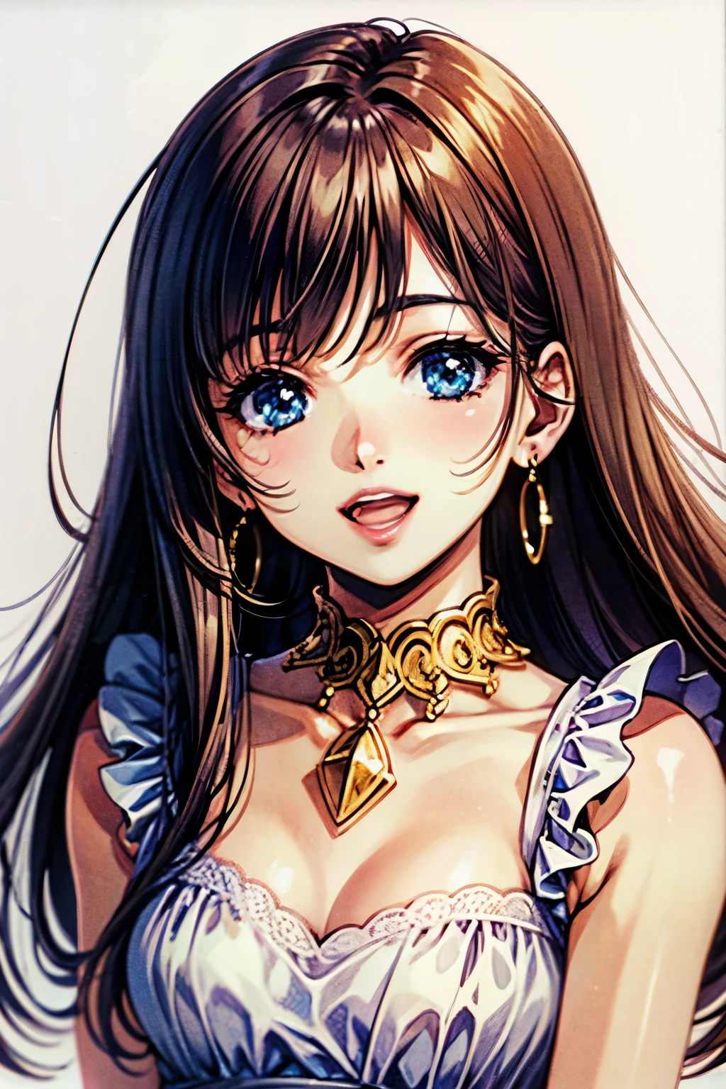 cute girl , blue eyes, open mouth , lips parted , smile, earrings, high resolution, top quality