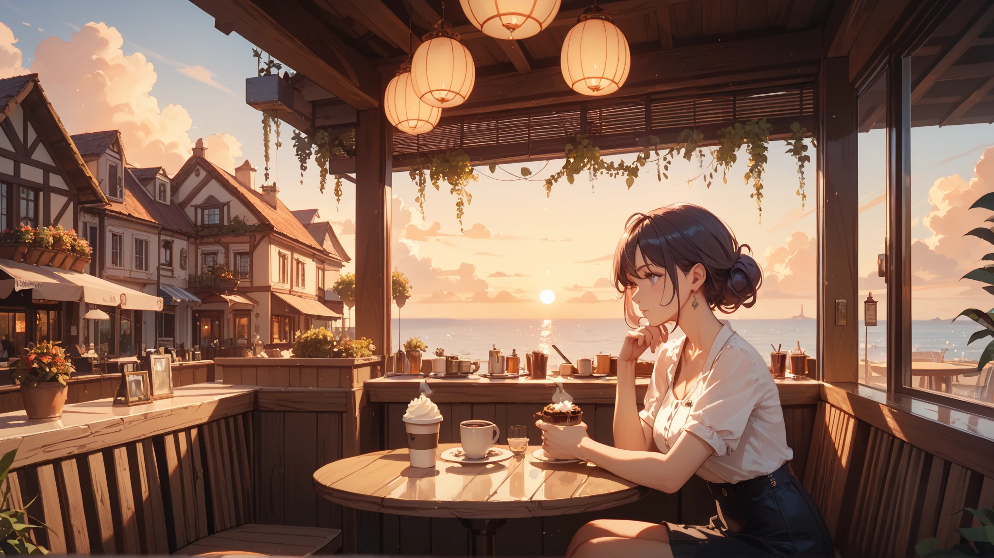  very high resolution,masterpiece, top quality , A lonely woman is looking out the window drinking coffee at a cafe, Sunset