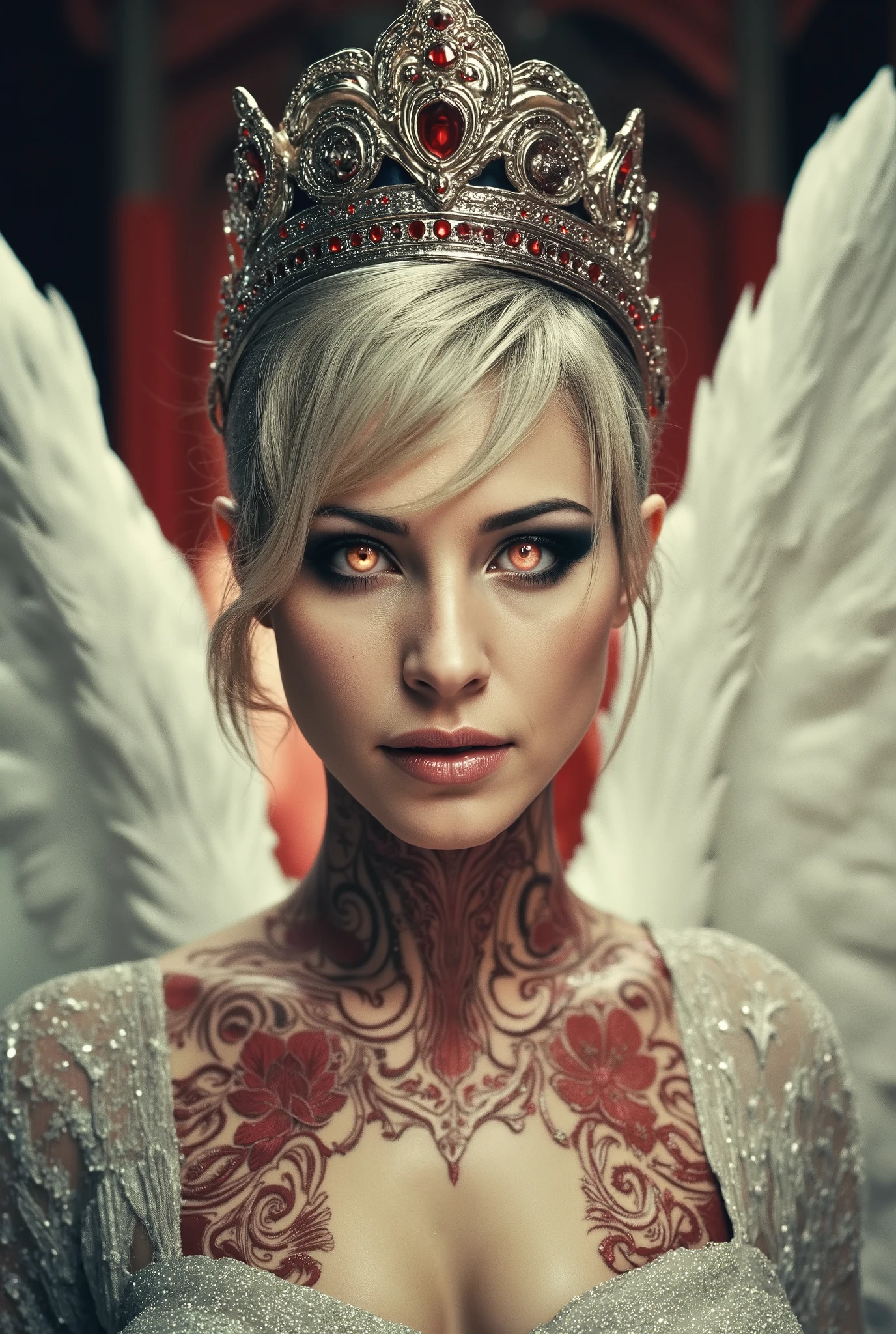 red eyes, beautiful angelic woman with large feathered white wings, burning eyes, red retina, short white hair, white pale skin with red tattoos and markings, gracious face, detailed fantasy portrait, exquisite mystical valkyrie, sky temple background with red ornaments, silver and red giant crown, hyperrealistic, octane render, intricate wings, piercing eyes, delicate features, dramatic lighting, vibrant colors, highly detailed, cinematic composition, masterpiece, 8k