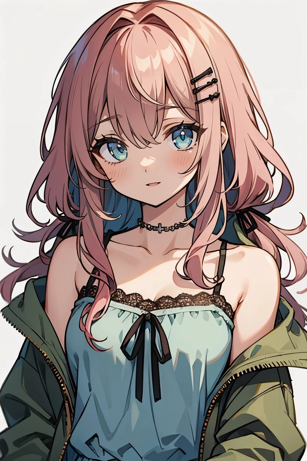 (masterpiece:1.2), (high quality:1.2), girls with(((1girl, solo, hair clips, camisole, bare shoulders, collarbone, Lace dress, Pink hair, Green eyes, long hair, Ribbon))), (((khaki hoodie, green hoodie, hood down, hooded jacket, jacket, long sleeves, medium breasts, open clothes, open coat,open hoodie, parka, winter clothes, zipper, upper body)))