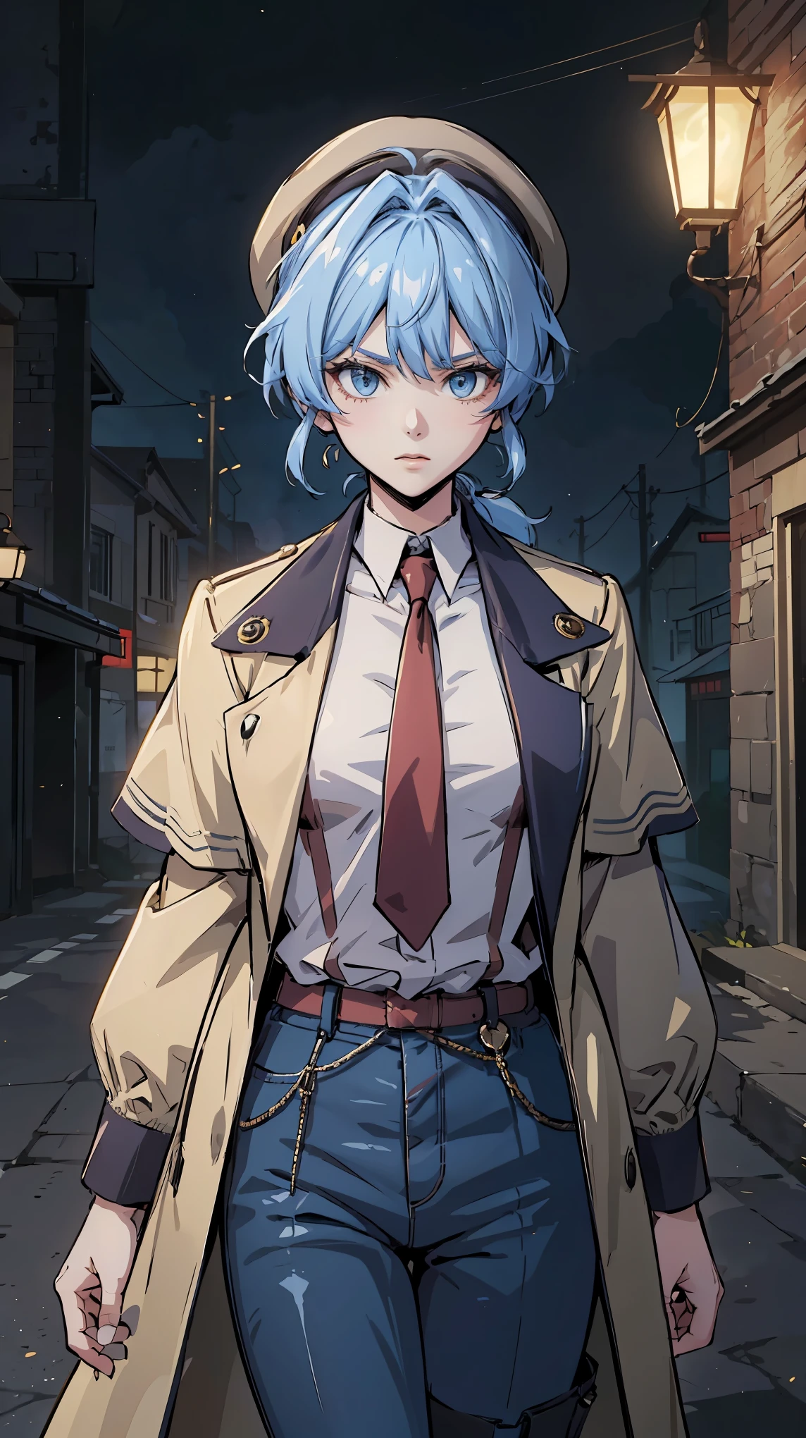 a half length portrait of a person wearing a hat and a red tie,(2 d anime style),(tall anime girl with blue eyes), female protagonist 👀 :8, nagito komaeda, anime character, 2 d anime, from girls frontline, ((Manhwa artstyle)), best anime 4k konachan wallpaper, female anime character, girls frontline style, trigger anime artstyle, detective costume, blue jeans, (cream trench coat), sherlock holmes female cosplay, beret, blue hair, 17th century steampunk street night, anime hairstyle, ((loose clothes)), dark rainy background, street light, CaseySelmoy, 1girl, short hair, blue eyes, blonde hair, shirt, hat, light blue hair, jacket, white shirt, necktie, collared shirt, (blue baggy pants), coat, low ponytail, Her hairstyle can be described as "ponytail with bangs". (The hair is parted in the middle, with loose, slightly wavy ponytail tied low, and "soft messy bangs" covering part of her forehead), (Her bangs can be described as soft, wispy, and slightly layered curtain bangs). They are parted slightly in the middle, allowing some strands to fall gently across her forehead while framing her face. The bangs have a slightly uneven cut, with some strands extending longer towards the sides, blending naturally into the rest of her hairstyle, (tall slim adult body)
