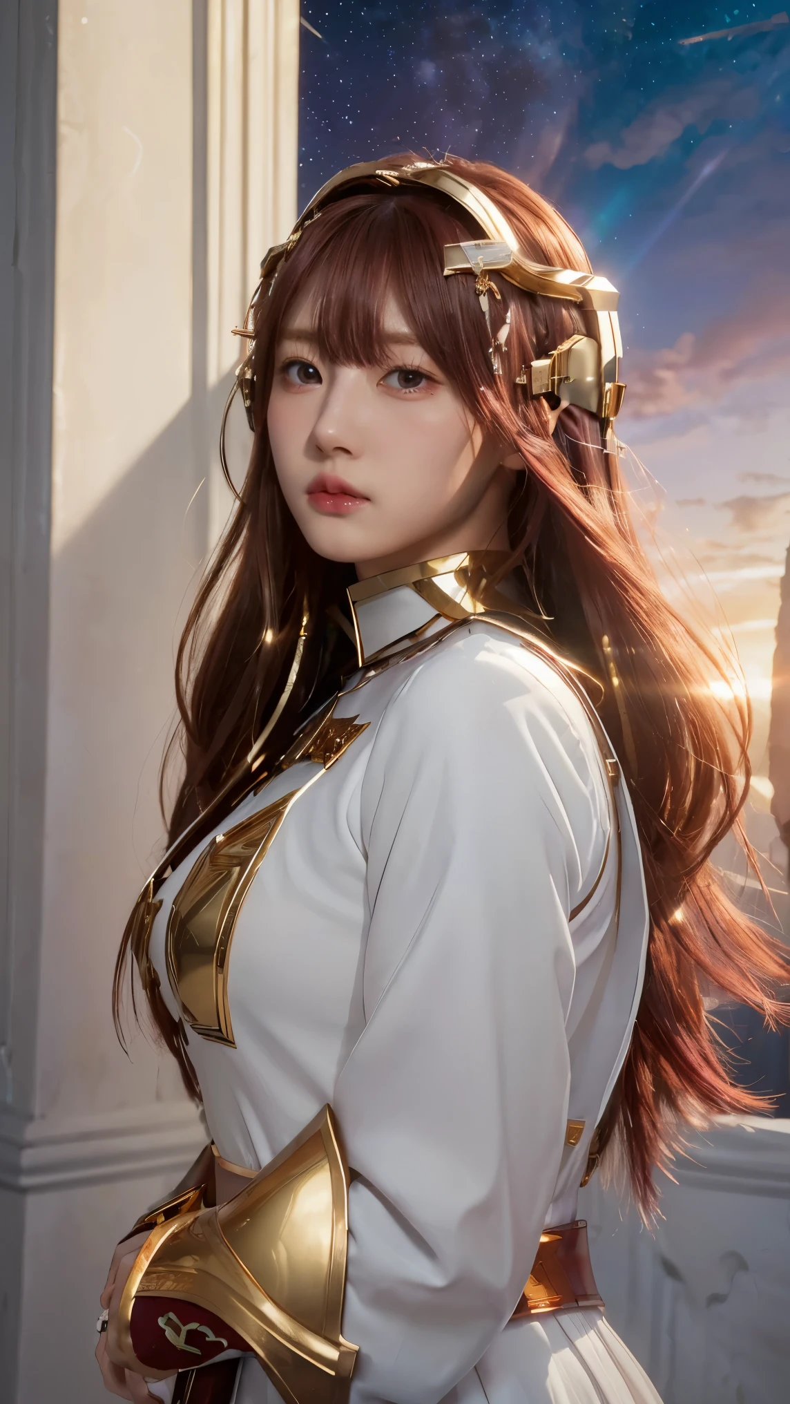 ((masterpiece, best quality, extremely detailed), volumetric lighting, ambient occlusion, colorful, glowing), 1girl, solo, young girl, (maroon hair with bangs), long hair, halo, aura, sacred, goddess, cleric suit, (white outfit with gold detailst:1.3), armor, outdoors, sunset, sky, clouds, space, (fantasy theme:1.2),
