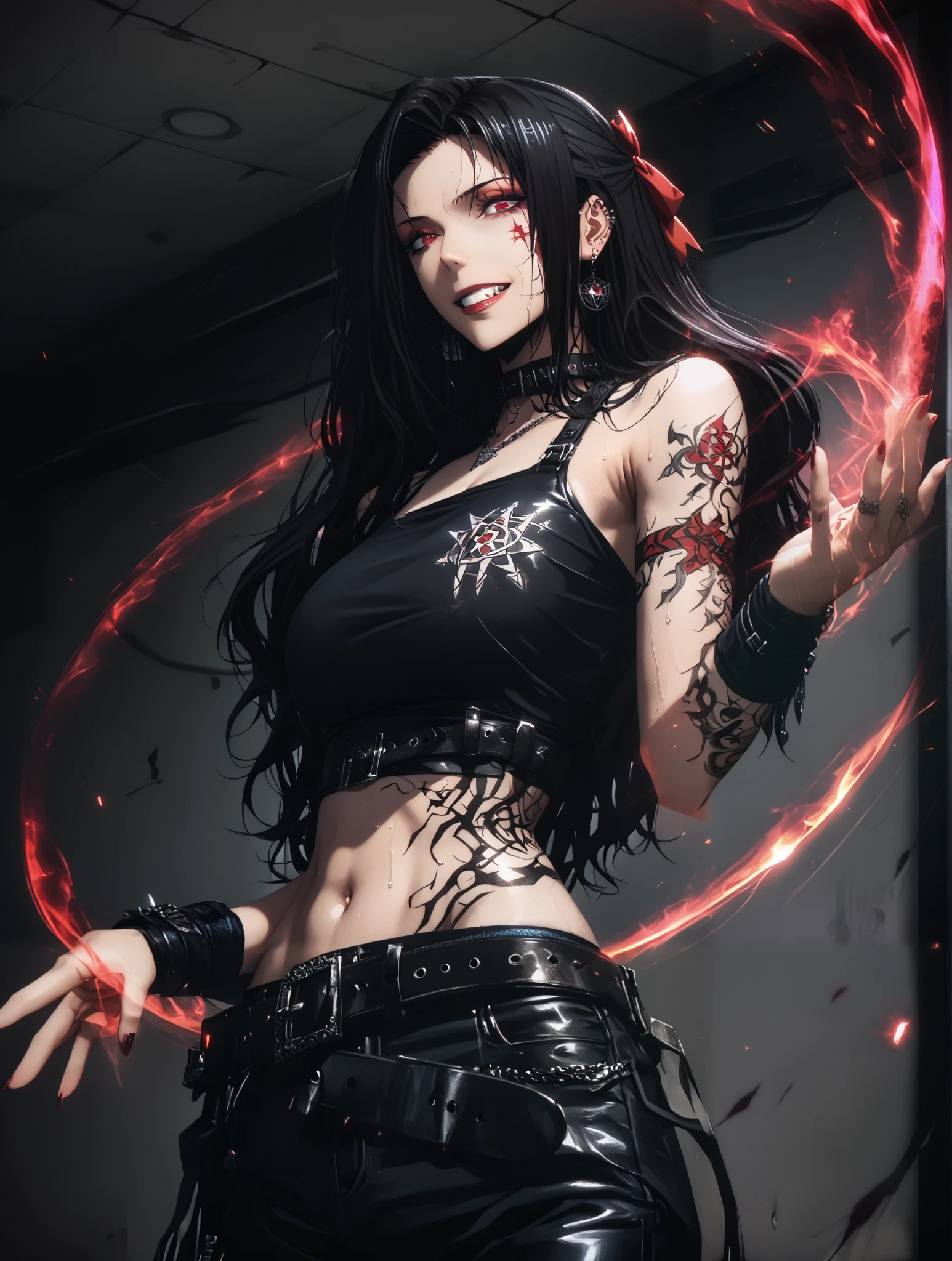 asura style, score_9, score_8_up, score_7_up, score_6_up, uncensored, mayumi saegusa, long hair, ((black hair)), red eyes, ribbon, hair ribbon, huge breasts, bright pupils, anime coloring, anime screencap, (voluptuous:1.3), (thick:1.3), BREAK UHD, retina, masterpiece, accurate, anatomically correct, textured skin, super detail, high details, high quality, award winning, best quality, highres, 4K, excessive sweating, sweating, sweating drop, (gasping, heavy breathing:1.3), (skindentation:1.2), perfect eyes, beautiful eyes, eyelashes, makeup, detailed body, perfect body, BREAK, (aura:1.4), 1girl, tattoo, solo, navel, magic, belt, midriff, arm_tattoo, crop_top, magic_circle, jewelry, stomach_tattoo, earrings, piercing, pants, evil grin, pentagram, ear_piercing, gloves, scar, breasts, bare_shoulders, looking at viewer