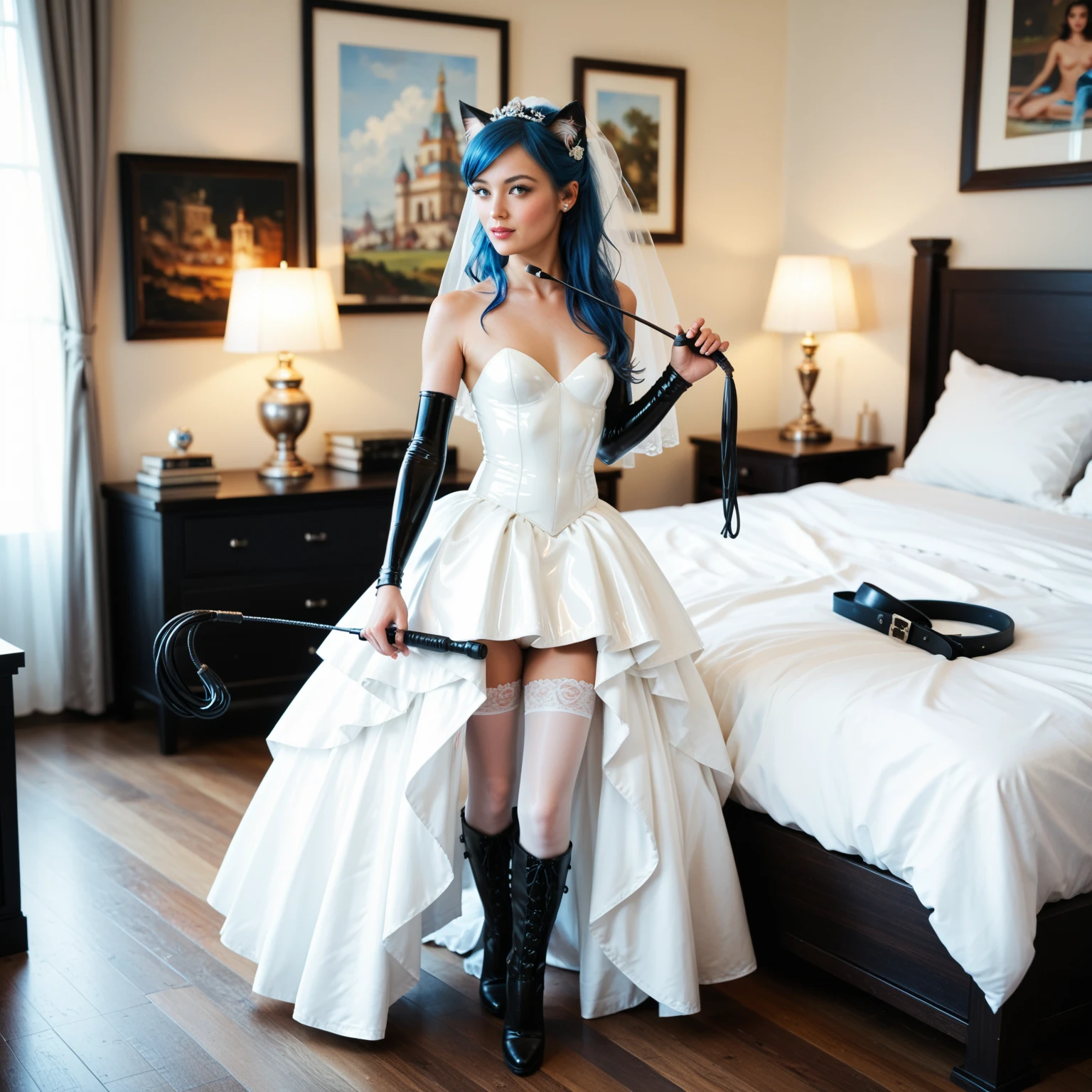1girl, (nun:1.1), blue hair, messy hair, (braid), young female, ahegao, rolling eyes, black thighhighs, torn clothes, (veil:1.2), bare breasts, headback, view from the side