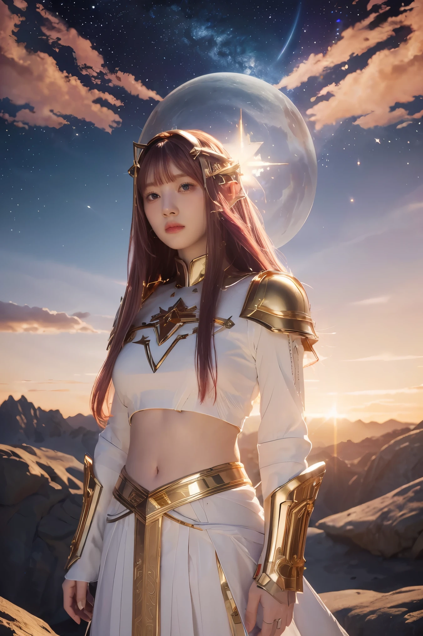 ((masterpiece, best quality, extremely detailed), volumetric lighting, ambient occlusion, colorful, glowing), 1girl, solo, young girl, (maroon hair with bangs), long hair, halo, aura, sacred, goddess, cleric suit, (white outfit with gold detailst:1.3), armor, outdoors, sunset, sky, clouds, space, (fantasy theme:1.2),