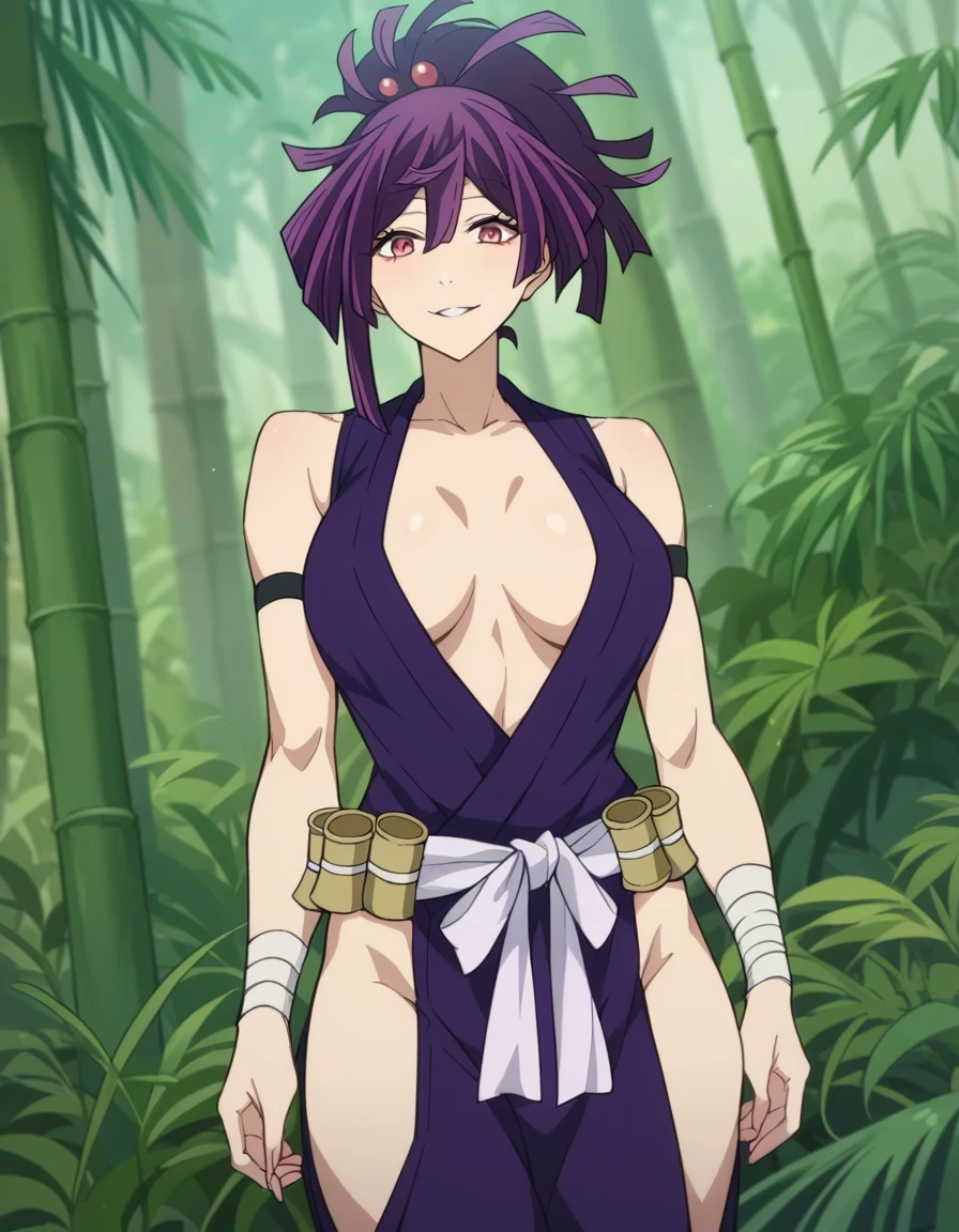 score 9 、score 8 up、score 7 up、source anime、 Masterpiece、 top quality、 HD、 high resolution、anime coloring、 1girl 、jigoku yuzuriha、、yuzuriha、female focus、Purple Hair、medium hair、ponytail hair、 hair ornament 、 red eyes、looking at viewer、Purple kimono、むき出しの肩、biceps、triceps、deltoids、 toned body 、sleeveless、plunging neckline、Well good、Big Breasts、collarbone、cleavage、 very large breasts 、bandaged wrist、wrist guard、arm strap、white sash、bamboo、 white sickle、white loin cloth、Outdoors、 Jungle、standing、smile、parted lips、cowboy shot、dutch angle、