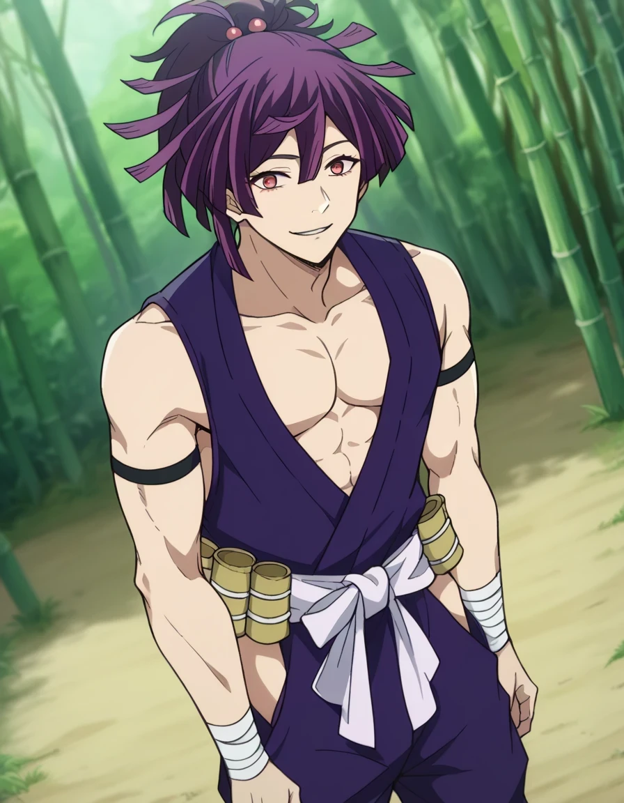 score 9 、score 8 up、score 7 up、source anime、 Masterpiece、 top quality、 HD、 high resolution、anime coloring、1boy 、jigoku yuzuriha、、yuzuriha、(male:1.5)、male focus、Purple Hair、medium hair、ponytail hair、 hair ornament 、 red eyes、looking at viewer、Purple kimono、むき出しの肩、biceps、triceps、deltoids、 toned body 、sleeveless、plunging neckline、Well good、collarbone、(manly:1.5)、bandaged wrist、wrist guard、arm strap、white sash、bamboo、 white sickle、white loin cloth、Outdoors、 Jungle、standing、smile、parted lips、cowboy shot、dutch angle、
