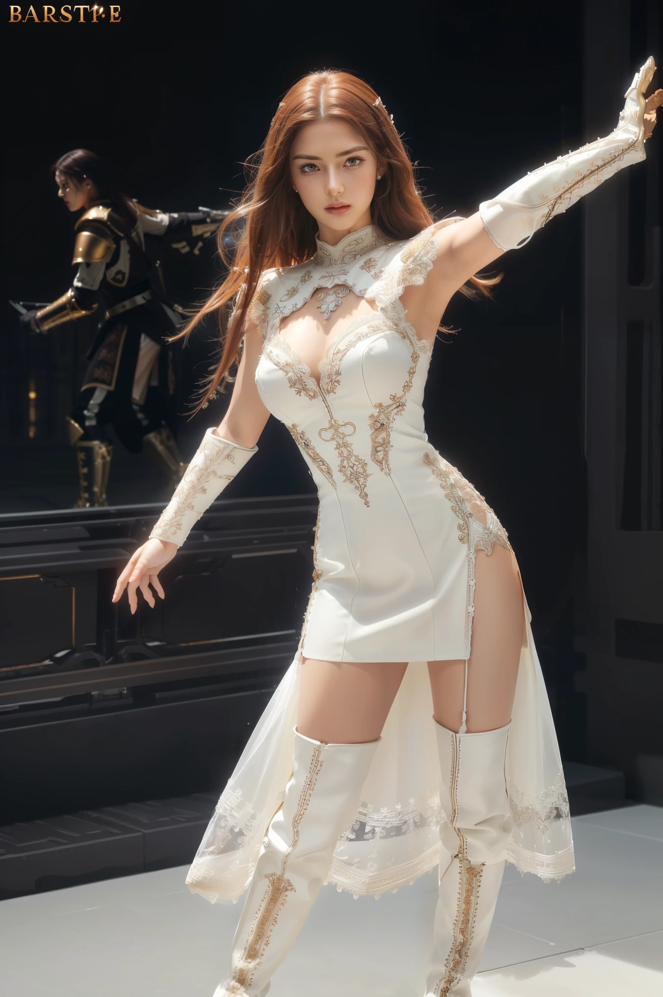 1girl, black formal attire, white background, (Random Battle Poses:1.5),(Movie Scenes,Fantasy art,Best image quality,(8k),Ultra-realistic,最high quality,high quality,High resolution,High quality texture,Attention to detail,Beautiful details,Fine details,Highly detailed CG,Detailed Texture,Realistic facial expressions,masterpiece,before,dynamic,bold),1 Girl,Highly detailed skin,curve,Beautiful ,,Pale skin,Pointed , ,(Thin Hair),(Soft Hair),(Super Straight Hair),Long, slicked bangs,Very light coppery amber hair,Hair on one eye,(Leather boots,(asymmetrical mechanical armor),(White lace long dress with embroidery,:1.2)