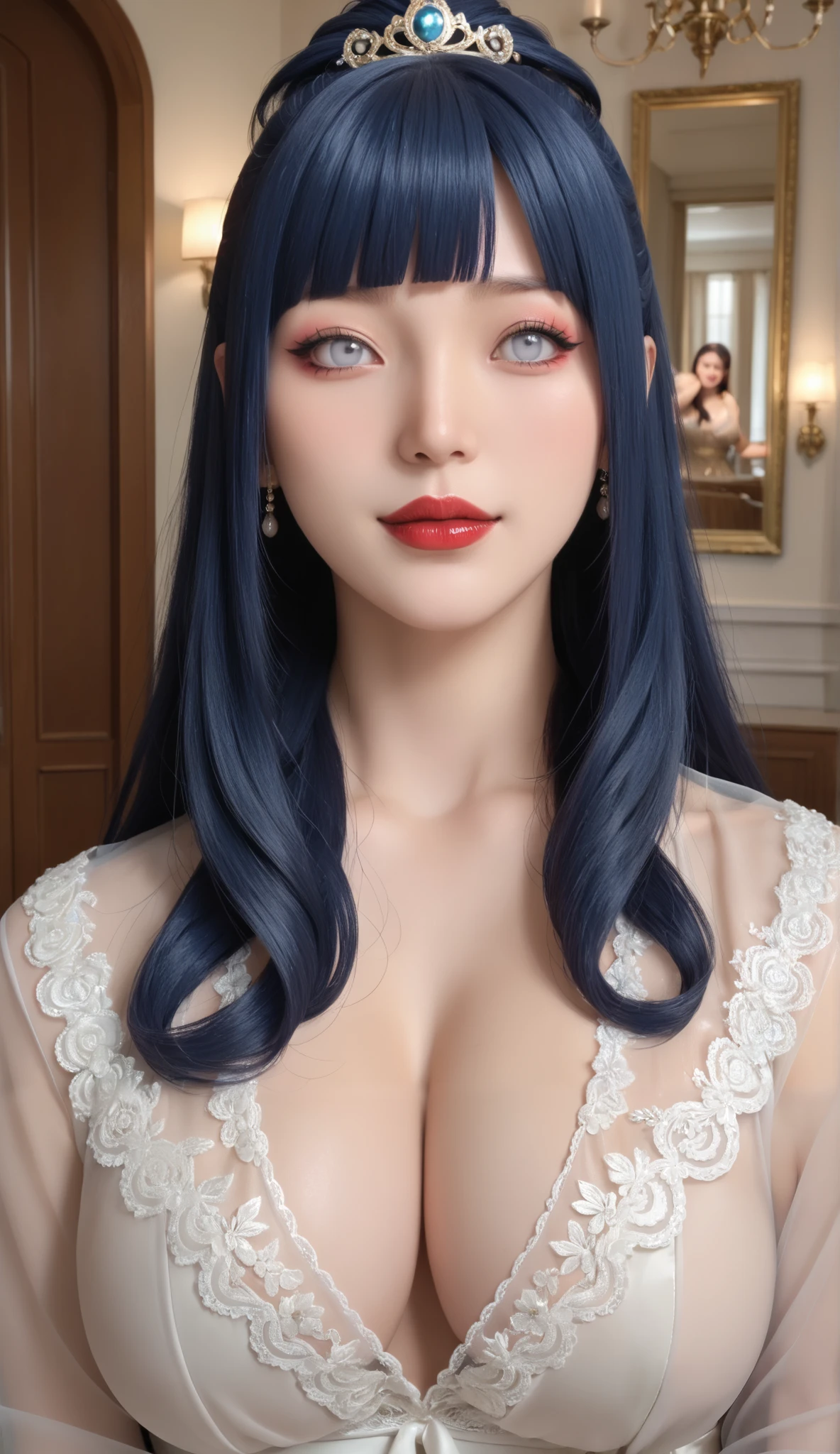 64K Best Quality, realistic,score_9, score_8_up, score_7_up, Game Art, Animation,Best image quality,Maximum resolution,picture quality,(A bust photo),(portrait),(Head close-up),(Rule of Thirds),Unreal Engine 5 rendering works,34 year old Beauty Woman,((Queen)),The eyes are very detailed,(Large Breasts),Elegance and nobility,Ray Tracing,Game,OC rendering reflection mode,4K,Ultra-clear,Translucent lace,Fair and plump figure,Pretty Face,Glossy Gel Coat,The Queen in a luxurious dress,Gorgeous clothing,Luxurious and exquisite jewelry,Colorful makeup,Full figure,Dark red lipstick,Exquisite Gorgeous clothing,Chinese Hanfu,Fairy,Raise your arms, Hyūga_Hinata, Dark Blue Hair, Hime-Cut Hairstyle, Long Hair, White Eyes.