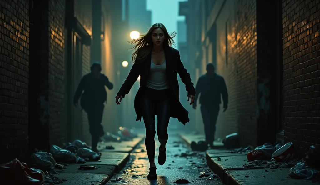 Sex girl with a bag on its back is running in fear of people